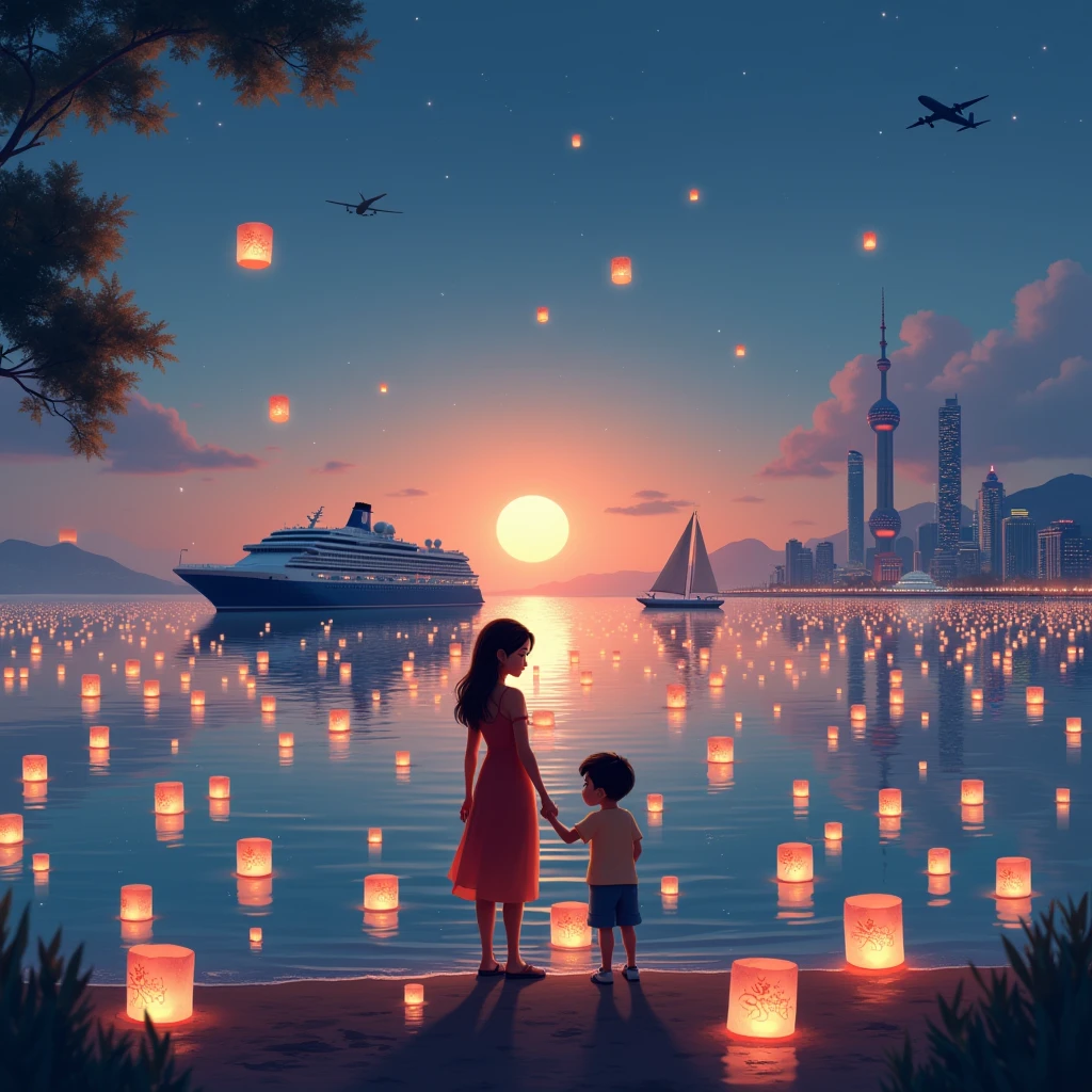 (8k rendering,UHD, HDR color,Pixar, cool hand-drawn style ) Night, summer,  Hangzhou Bay coast , ( standing on the shore, mom and young son ( Asian-looking mom and son )  launch floating Floating Lanterns on the almost calm waters of Hangzhou Bay ),20-30 little Floating Lanterns are already swimming in the waters of the Bay , ( About a dozen tiny floating round ones with hieroglyphics Floating Lanterns ) you can also see in the frame ,  sails along the shore, you can see Shanghai shining in the dark with lights ,  in the distance, a huge cruise ship , incredibly epic shot , Incredible beauty,somewhere high in the sky a plane is flying ,close-up of mom and son ,