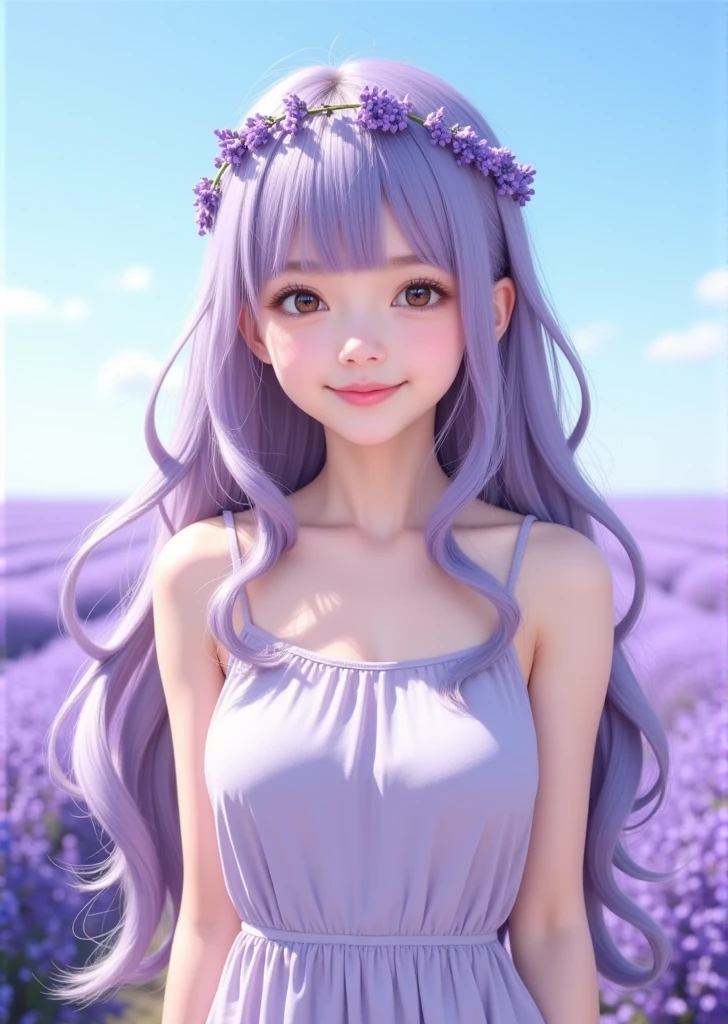  1 girl, Alone,  young girl,   happy expression,  watching viewers ,  (Long Hair,  light purple hair, bangs,  Brown Eyes :1.3),  clevis,  Her hair flows gently curly .  adorned with lavender wreaths 、 simple , Pale lavender dress . In the background、 A soft, fuzzy lavender field spreads out under a clear blue sky,  perfect lighting