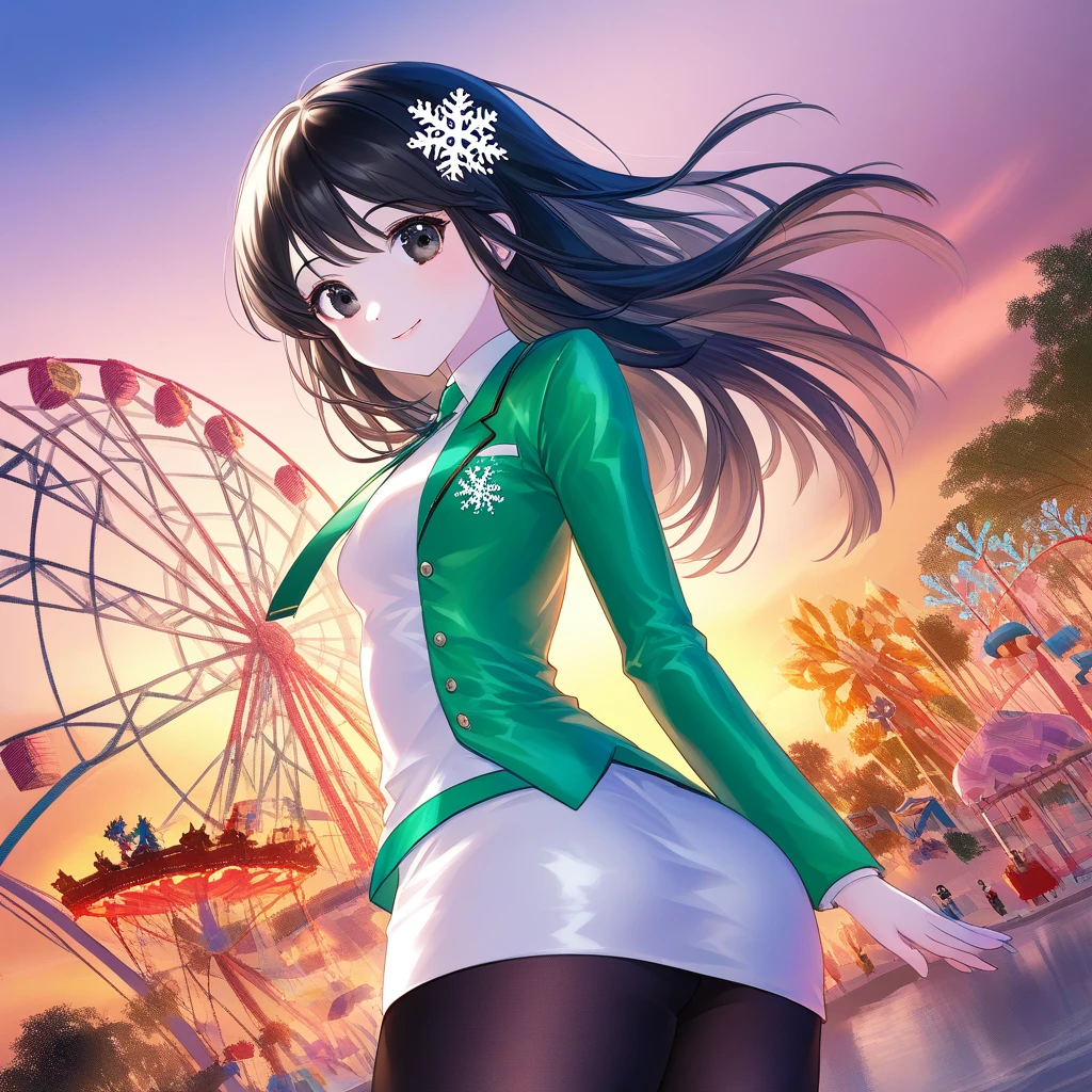 The background is an amusement park with a Ferris wheel. A single 28-year-old peerless beauty with glossy, straight black hair that reaches halfway down her back. She is smiling enchantingly. She wears a snowflake hair ornament. She is wearing a green-based blazer with many white accents and a green Ultra Micro Mini Skirt, along with black tights. She has small, elongated black eyes and clear white skin. Sunset sky.