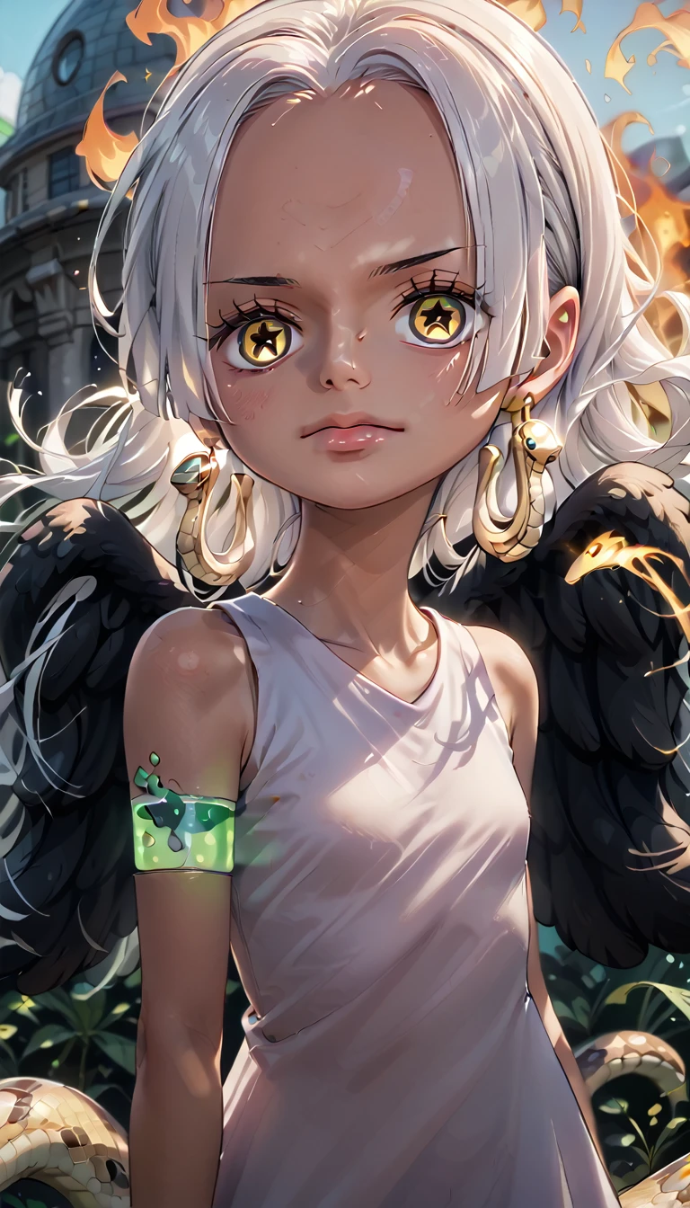 1 Girl,Earthsnake , Long Hair, white hair, Brown Skin、,  earrings for a woman alone, Yellow Eyes, symbol-shaped pupils,   black wings  ,  small breasts.  sundress,  white dress,  sleeveless, armlet、 cute、Flames on the back、