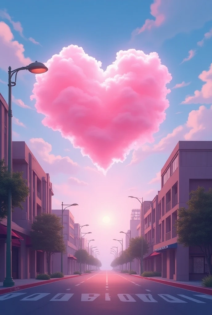 There is a pink heart-shaped cloud in the sky above the street - SeaArt AI