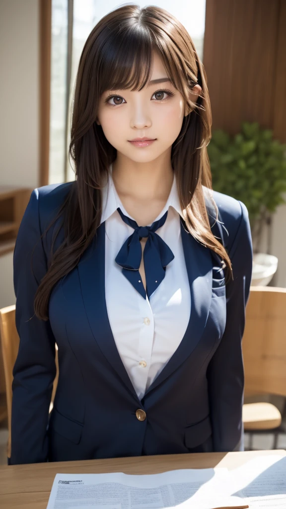 bangs,(Large Breasts:1.2),(Highest quality,masterpiece:1.2),one person,one person,alone,Fair skin,8k,Ultra-high resolution,Super detailed,Highest quality,Perfect lighting,flat light,super high quality,Ultra-high resolution,masterpiece,Realistic,Detailed face,Perfect Anatomy,School,school uniform、Slender body、Young face、smile、Sweating、Flushed Cheeks、whole body、Please wear a perfect blazer school uniform.、Beautiful feet、Variety of poses