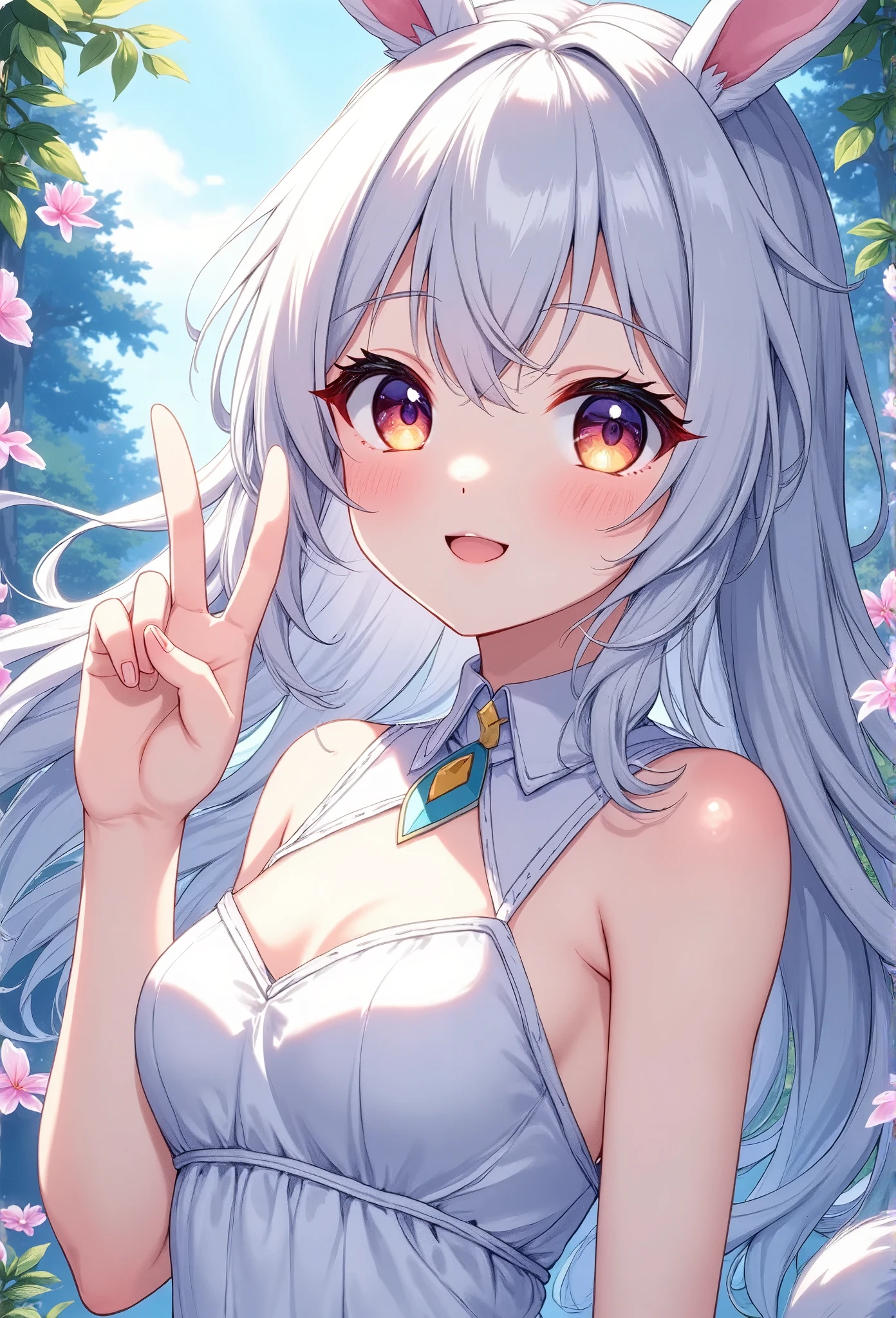 ( beautiful girls:1.3), 1 girl, Bunny ears, usamimi guardian,  small breasts, Beautiful long silvery white hair,  Her beautiful, loving eyes shine like jewels,  dress, (( Face Closeup :1.4, smile, On the side of the faceｖsign:1.6)),  Fantasy Anime ,Bunny ears:1.5. Ethereal Anime,  Beautiful Digital Art,  A garden full of beautiful flowers :1.5, masterpiece, Best Quality,  super high definition,rich contrast,  super quality ,8k, very detailed,  RAW photos from the last century,Best Quality anime,Depth of written boundary 1.2, super detailed eyes ,  growing skin  ,Glitter Effect, beautiful shiny lips、 dark black eyeliner , ( sunburned skin from before:1.2),