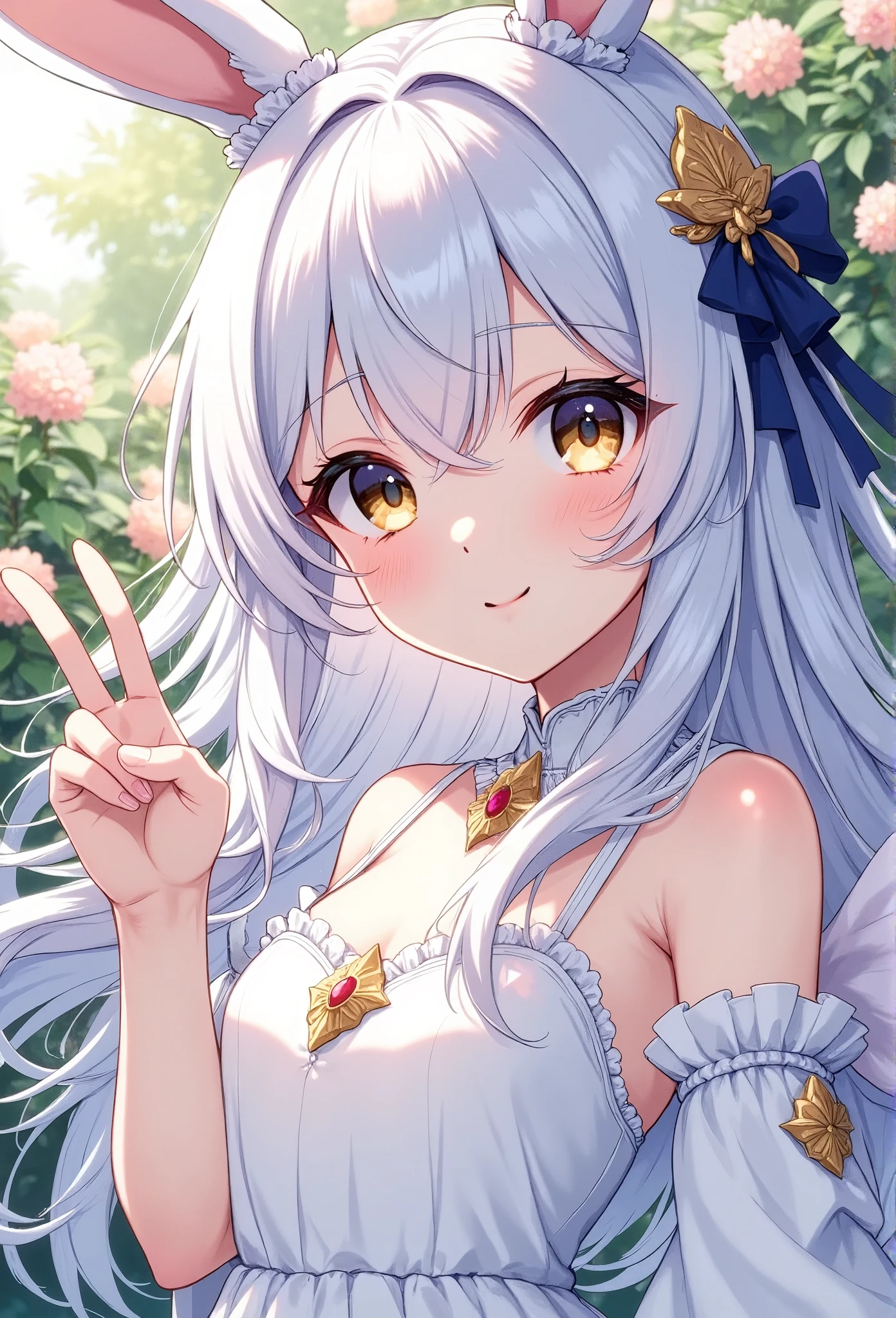 ( beautiful girls:1.3), 1 girl, Bunny ears, usamimi guardian,  small breasts, Beautiful long silvery white hair,  Her beautiful, loving eyes shine like jewels,  dress, (( Face Closeup :1.4, smile, On the side of the faceｖsign:1.6)),  Fantasy Anime ,Bunny ears:1.5. Ethereal Anime,  Beautiful Digital Art,  A garden full of beautiful flowers :1.5, masterpiece, Best Quality,  super high definition,rich contrast,  super quality ,8k, very detailed,  RAW photos from the last century,Best Quality anime,Depth of written boundary 1.2, super detailed eyes ,  growing skin  ,Glitter Effect, beautiful shiny lips、 dark black eyeliner , ( sunburned skin from before:1.2),