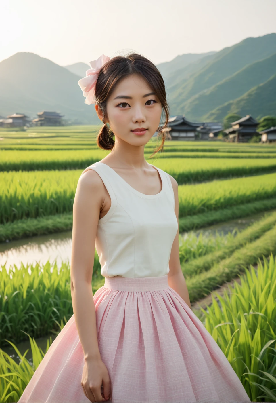  Japanese high school girl in the countryside 、 poor but filial piety 、全身 beautifully contoured eyes 、 beautifully contoured lips 、 beautifully contoured eyes {x} eyes and face are drawn in very detail、 long eyelashes 、Full body skirt image 、ﾊﾚｰﾀﾞﾋﾞｯﾄRide from the countryside to the city 、 wear a cute pink helmet and warm sunshine、Natural color tones、 full body landscape 、Best Quality、4K、8k、