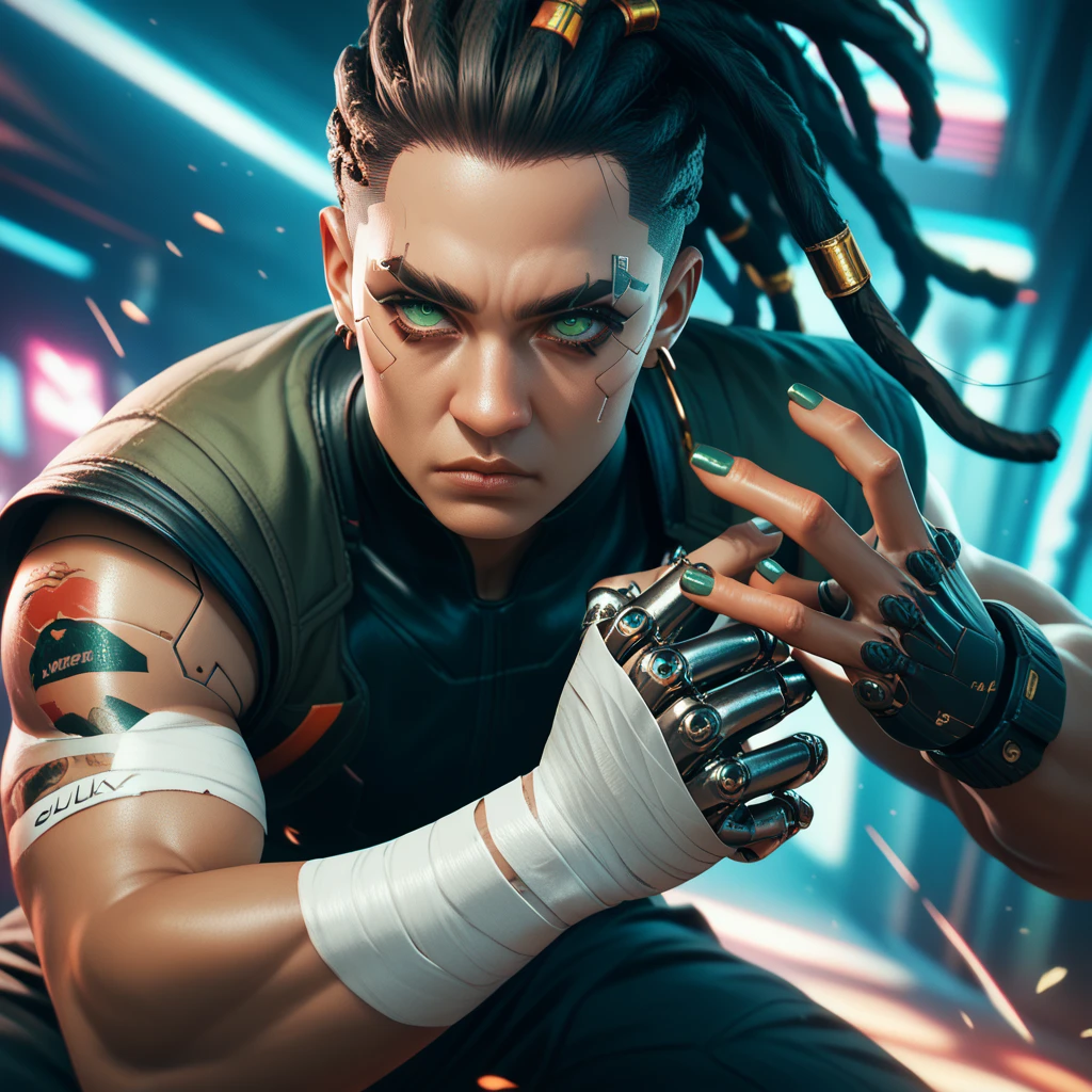 cyborg, 1_bulky_man_cyberpunk_2077, with tanned skin, dreadlocks, knuckle bandages, looking like a fighter, cyborg eyes, fighting stance, fierce eyes, narrow eyes, furrowed brows, light green eyes