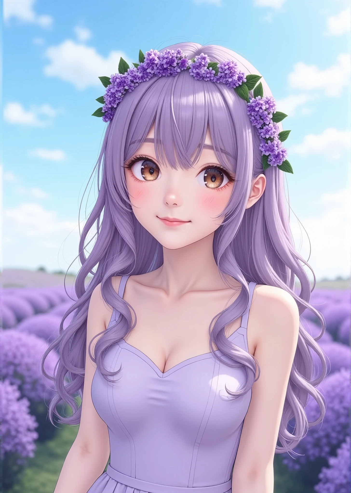  1 girl, Alone,  young girl,   happy expression,  watching viewers ,  (Long Hair,  light purple hair, bangs,  Brown Eyes :1.3),  clevis,  Her hair flows gently curly .  adorned with lavender wreaths 、 simple , Pale lavender dress . In the background、 A soft, fuzzy lavender field spreads out under a clear blue sky,  perfect lighting