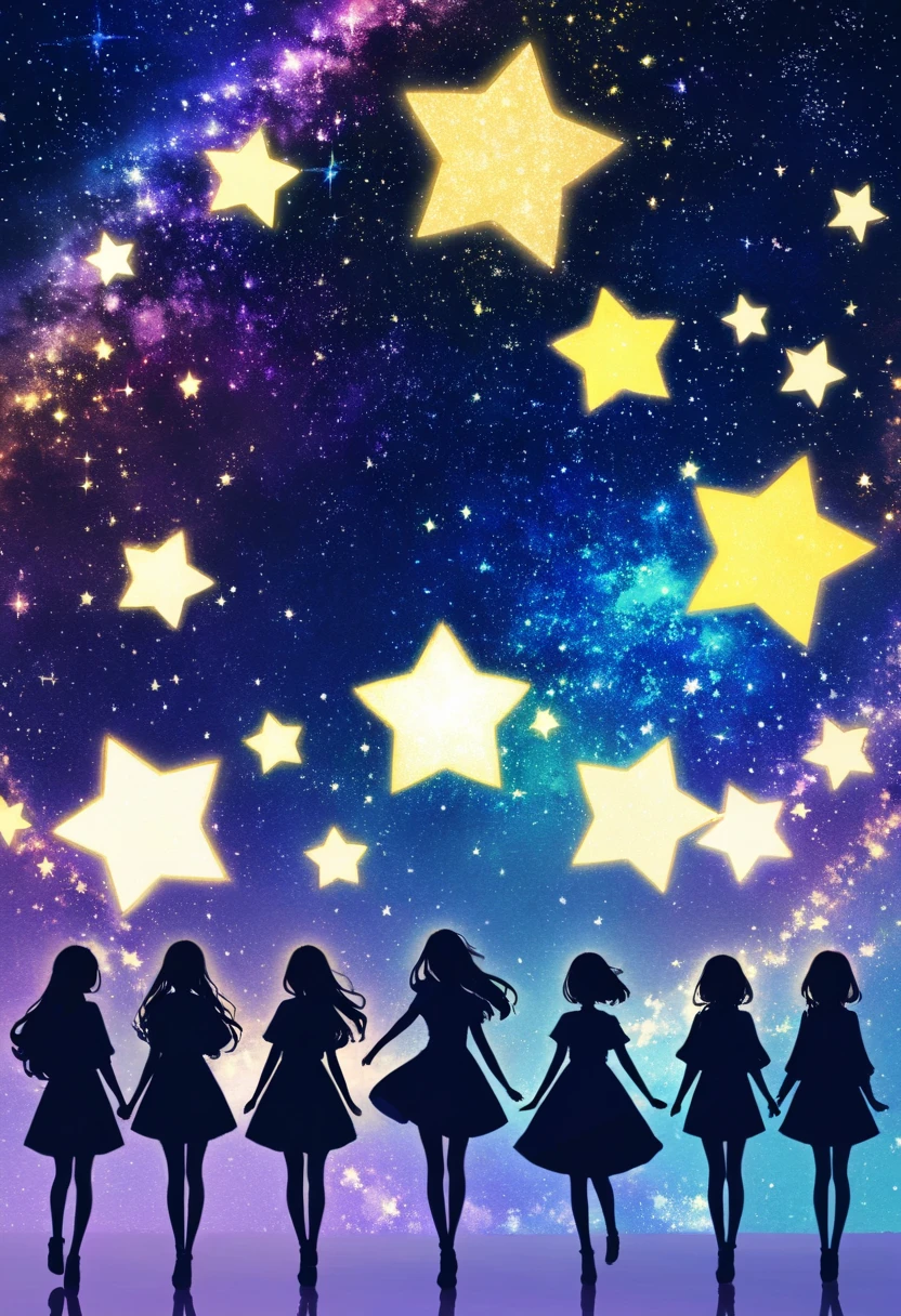 ((   glitter))、Shine絵 、 Five women,Black silhouette, galaxy silhouettes ,シルエット内部がShine, Imaginary,grow up,  lots of stars,pop stars ,Shine星,White ,Shine ,Blue and yellow,Unity,  光がShine  ,    visible from afar 