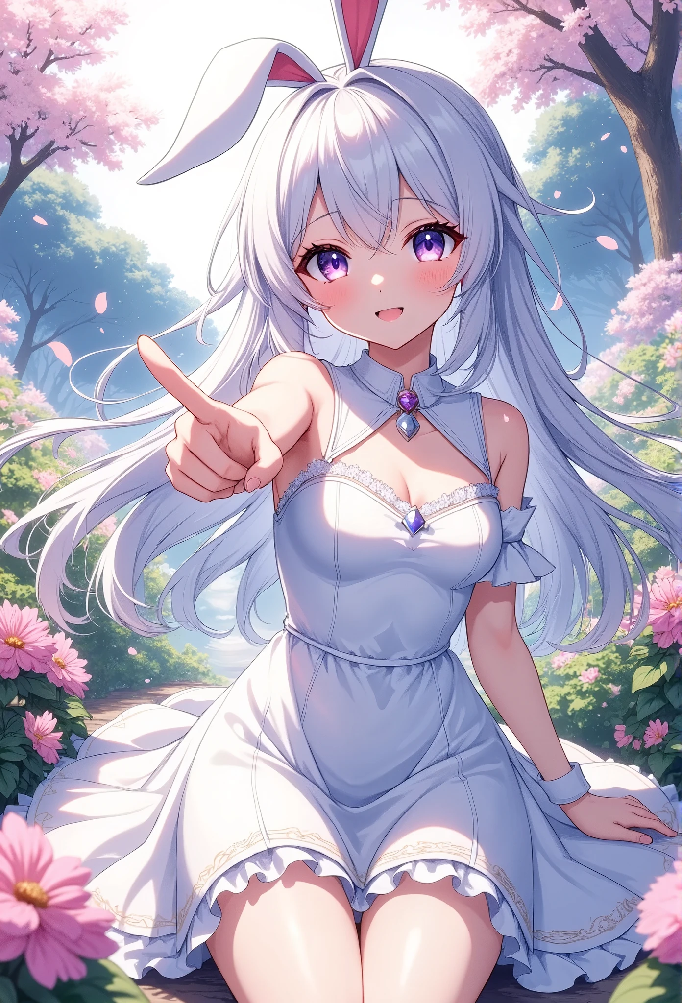 ( beautiful girls:1.3), 1 girl, Bunny ears, usamimi guardian,  small breasts, Beautiful long silvery white hair,  Her beautiful, loving eyes shine like jewels,  dress, skirt, フレアskirt, smile, Pose pointing at the viewer :1.2,  Fantasy Anime ,Bunny ears:1.5. Ethereal Anime,  Beautiful Digital Art,  A garden full of beautiful flowers :1.5, masterpiece, Best Quality,  super high definition,rich contrast,  super quality ,8k, very detailed CG unit wallpaper ,Texture, unbelievably weird, super high definition, RAW photos from the last century,Best Quality anime,Depth of written boundary 1.2, super detailed eyes ,  growing skin  ,Glitter Effect, beautiful shiny lips、 dark black eyeliner , ( sunburned skin from before:1.2),(( cherry blossom )),( cherry blossom スノーストーム )