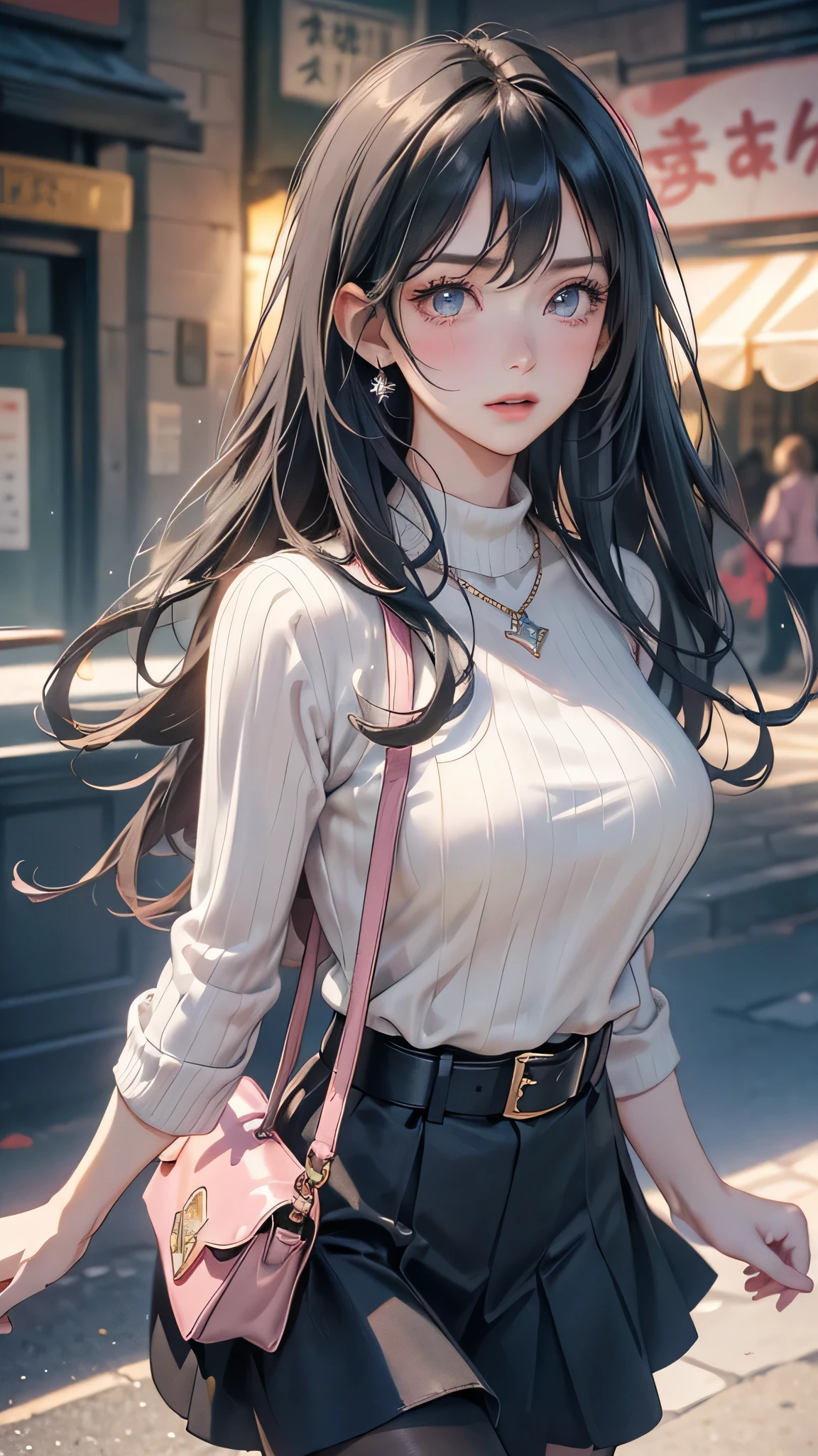 ((masterpiece, highest quality, High resolution, Hmm, RTX, perfect pixel, Depth of the bounds written, 4k, very detailed))), 1 girl, single, alone, beautiful anime girl, beautiful art style, anime character, ((long hair, parted bangs, middle part bangs,  hair Colour: Black, blue)), ((Gray eyes:1.4, round eyes, beautiful eyelashes, realistic eyes)), ((detailed face, blush:1.2)), ((smooth texture:0.75, realistic texture:0.65, realistic:1.1, Anime CG style, Bright colors)), ((medium breasts)), dynamic angle, perfect body, ((throw, dynamic pose, close)), ((white sweater, black skirt, Women's Belts, Snazzy, single handbag, 1 Diamond Necklace)), open your mouth, embarrassing, amusement park