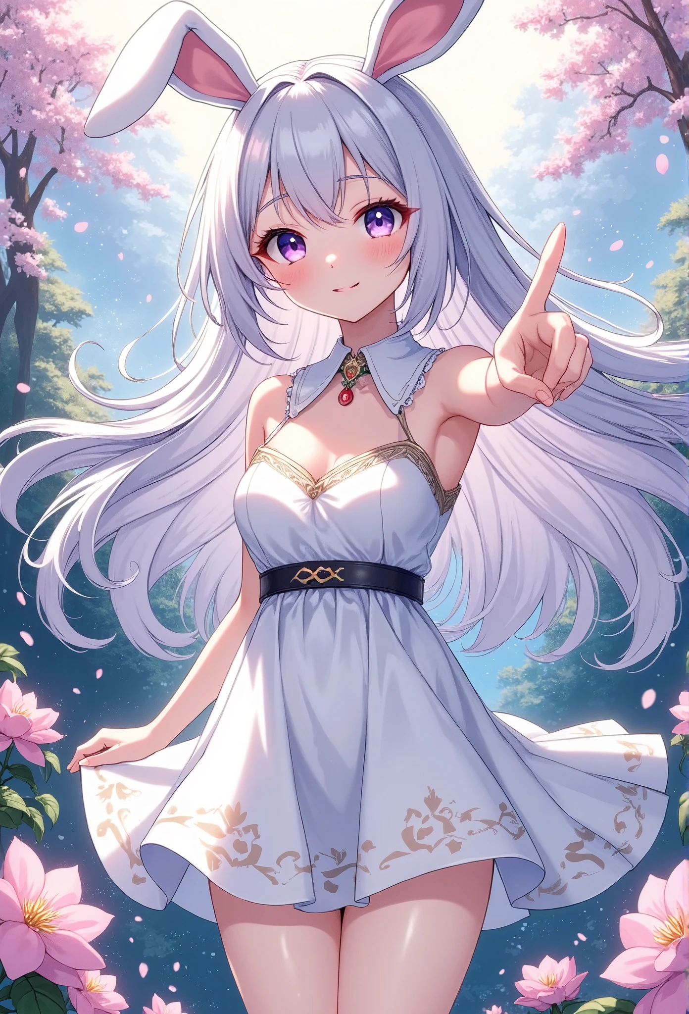 ( beautiful girls:1.3), 1 girl, Bunny ears, usamimi guardian,  small breasts, Beautiful long silvery white hair,  Her beautiful, loving eyes shine like jewels,  dress, skirt, フレアskirt, smile, Pose pointing at the viewer :1.2,  Fantasy Anime ,Bunny ears:1.5. Ethereal Anime,  Beautiful Digital Art,  A garden full of beautiful flowers :1.5, masterpiece, Best Quality,  super high definition,rich contrast,  super quality ,8k, very detailed CG unit wallpaper ,Texture, unbelievably weird, super high definition, RAW photos from the last century,Best Quality anime,Depth of written boundary 1.2, super detailed eyes ,  growing skin  ,Glitter Effect, beautiful shiny lips、 dark black eyeliner , ( sunburned skin from before:1.2),(( cherry blossom )),( cherry blossom スノーストーム )