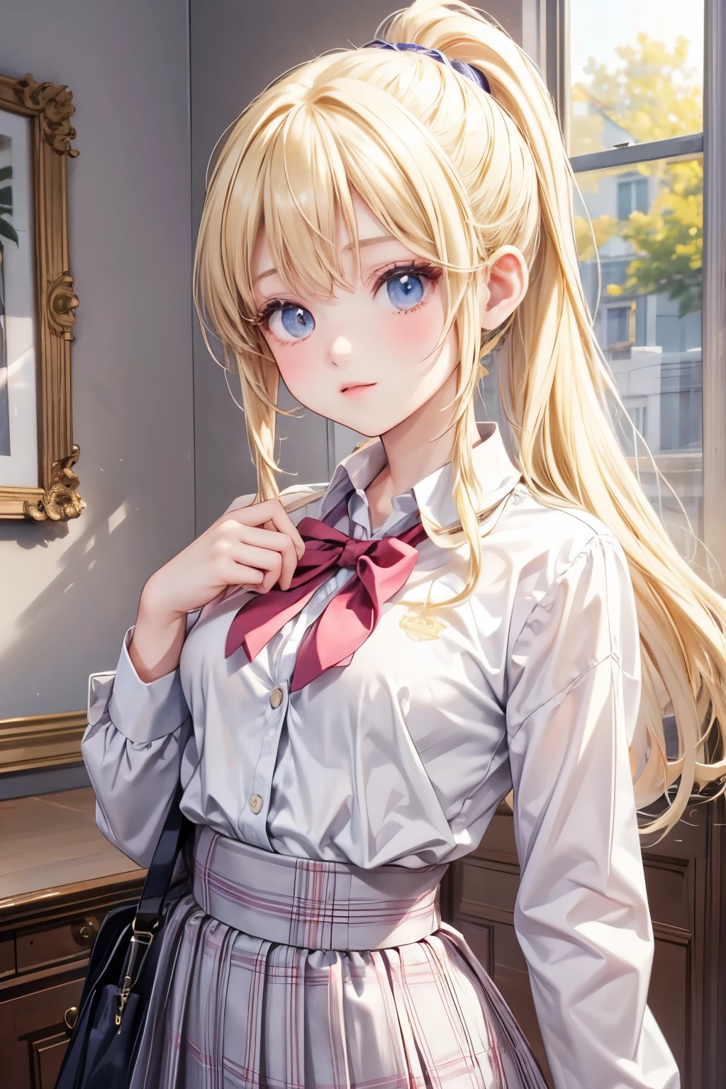 masterpiece,Best Quality, very detailed, Beautiful Girl, ager, school uniform,blazers, ponytail, smaller breasts, thin waist,Blonde, perfect eyes, very cute