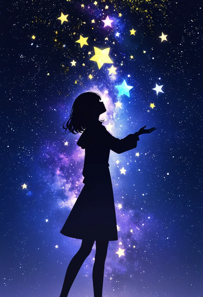 ((   glitter))、Shine絵 、  one woman,Black silhouette, galaxy silhouettes ,シルエット内部がShine, Imaginary,grow up,  lots of stars,pop stars ,Shine星,White ,Shine ,Blue and yellow,Unity,  光がShine  ,    visible from afar 