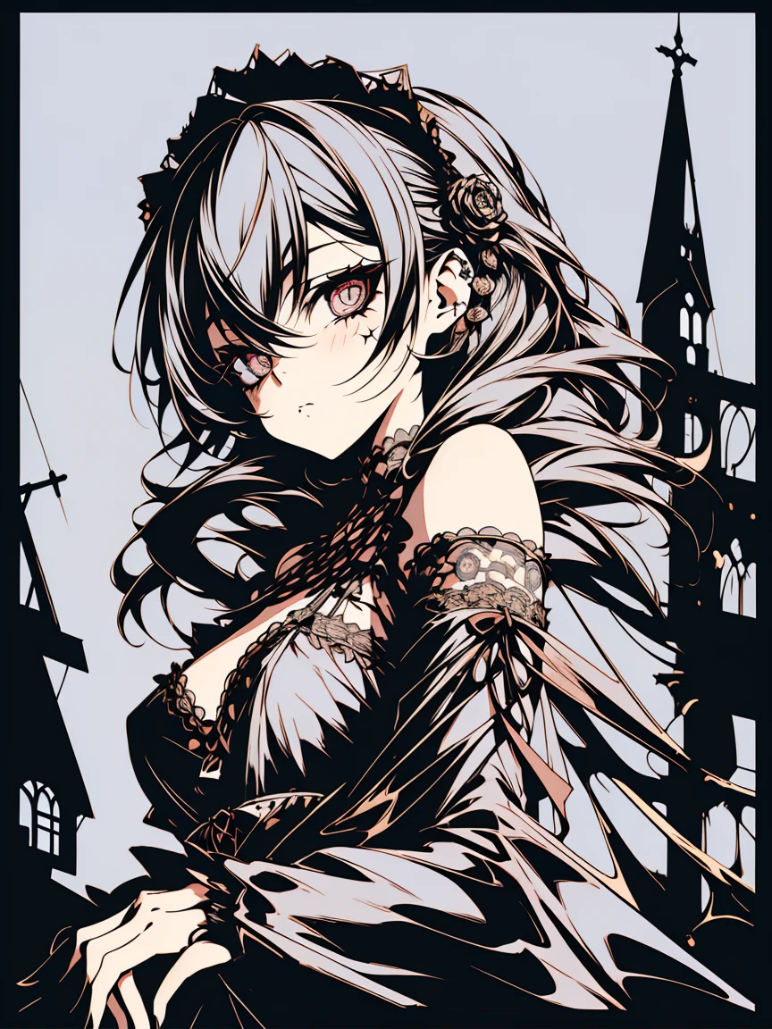 v5lcn style,(Best Quality,masterpiece:1.2),(Anime Style,Comical noir style:1.1), 1 girl , Cute Style ,Adorable, very detailed eyes, faces with extra detail, very fine hair ,8k,resolution, GOTHIC DRESS ,Gothic Punk