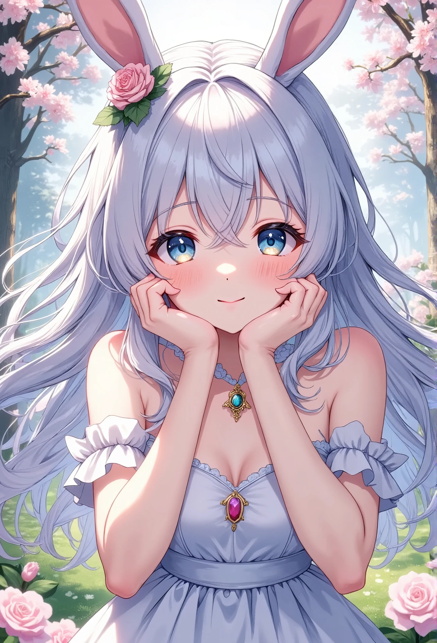 ( beautiful girls:1.3), 1 girl, Bunny ears, usamimi guardian,  small breasts, Beautiful long silvery white hair,  Her beautiful, loving eyes shine like jewels,  dress, (( Face Closeup :1.4, smile,  puts her hands on her cheeks:1.6)),  Fantasy Anime ,Bunny ears:1.5. Ethereal Anime,  Beautiful Digital Art,  A garden full of beautiful flowers :1.5, masterpiece, Best Quality,  super high definition,rich contrast,  super quality ,8k, very detailed,  RAW photos from the last century,Best Quality anime,Depth of written boundary 1.2, super detailed eyes ,  growing skin  ,Glitter Effect, beautiful shiny lips、 dark black eyeliner , ( sunburned skin from before:1.2),