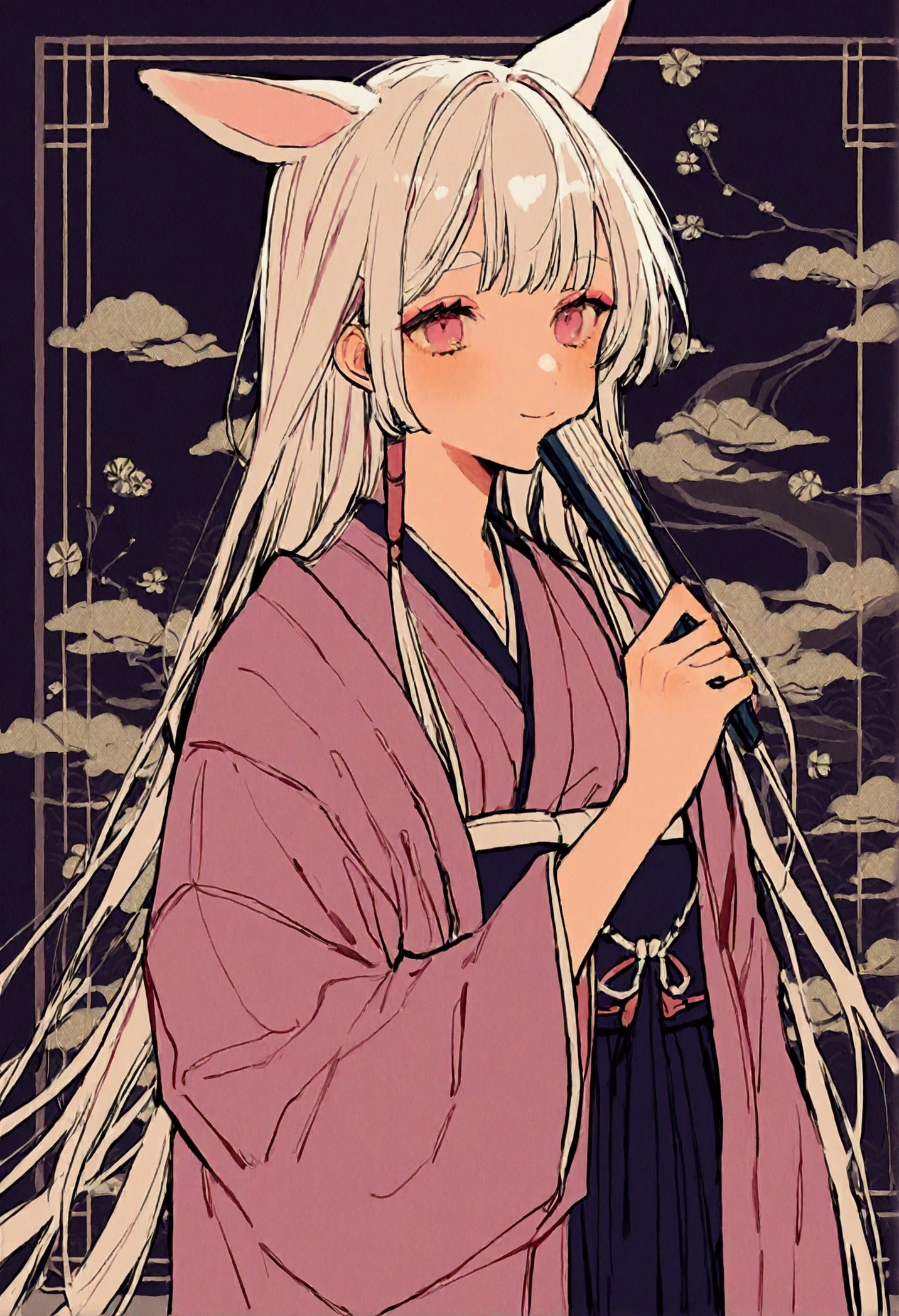 A boy，juvenile，kimono， Japanese Decor ，Long hair，Smile，Look at the camera，Handheld folding fan，night，Onmyoji，Animal ears， Ultra High Resolution ， Extremely Detailed 8k Wallpaper， best quality ，masterpiece