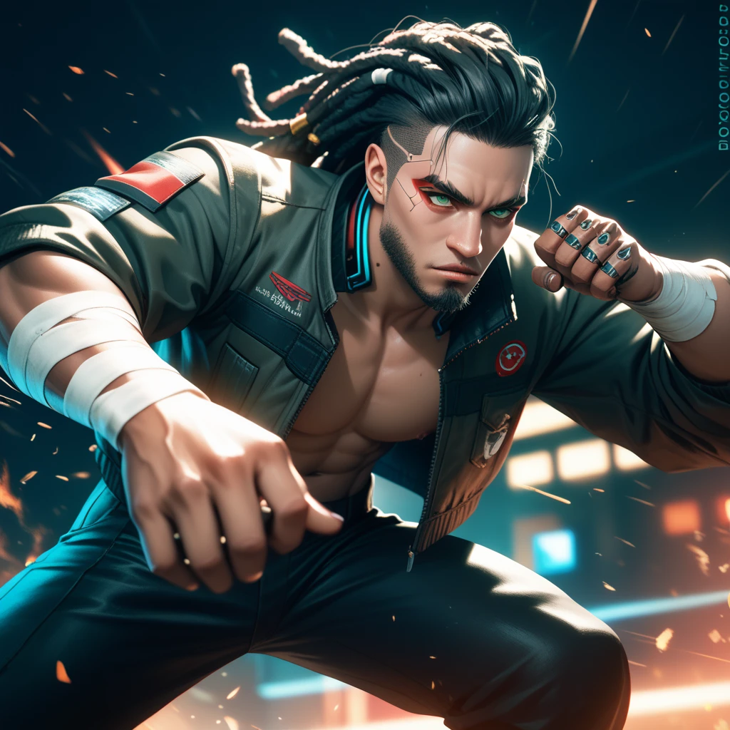 cyborg, 1_bulky_man_cyberpunk_2077, with tanned skin, dreadlocks, knuckle bandages, looking like a fighter, cyborg eyes, fighting stance, fierce eyes, narrow eyes, furrowed brows, light green eyes, gotie_beard