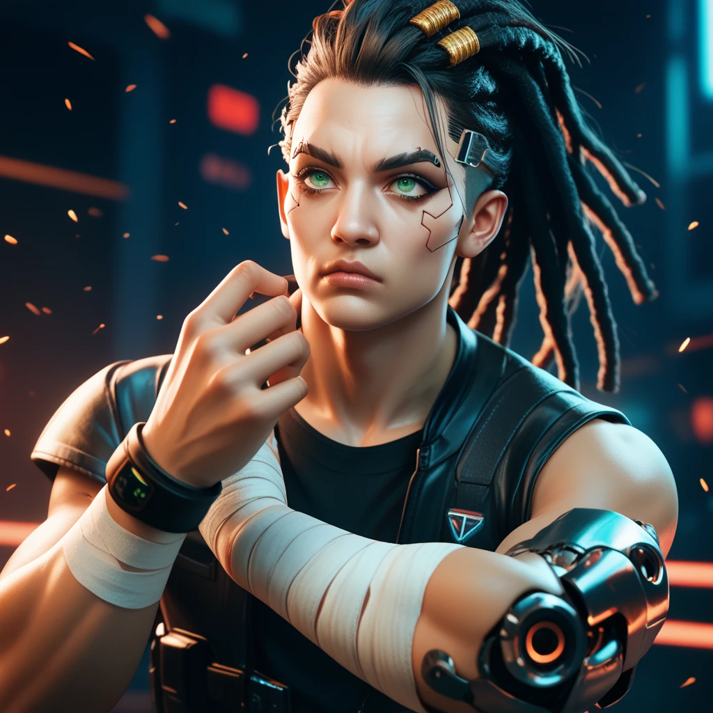 cyborg, 1_bulky_man_cyberpunk_2077, with tanned skin, dreadlocks, knuckle bandages, looking like a fighter, cyborg eyes, fighting stance, fierce eyes, narrow eyes, furrowed brows, light green eyes, shizzeled chin