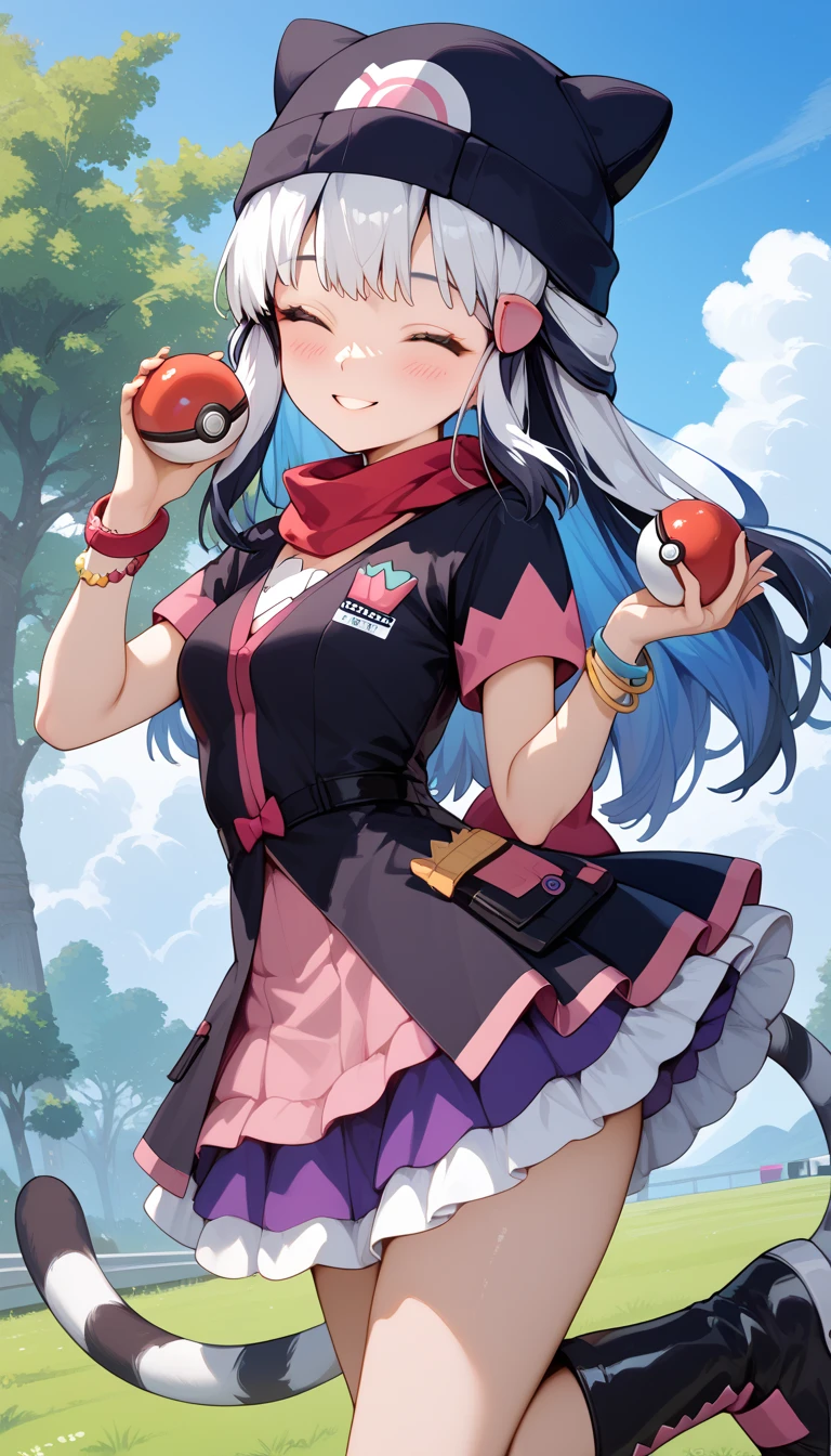 ((masterpiece)), 1girl, solo, long hair, white tiger ears, white tiger tail, closed eyes, ((Dawn's outfit)), purple outfit, black outfit, multicolored outfit, bracelet, high black boots, blush, short skirt, thick hair, looking at viewer, teasing smile, Dawn's hat, holding pokeball, dark hat, white hair, ((two-tone hair)).