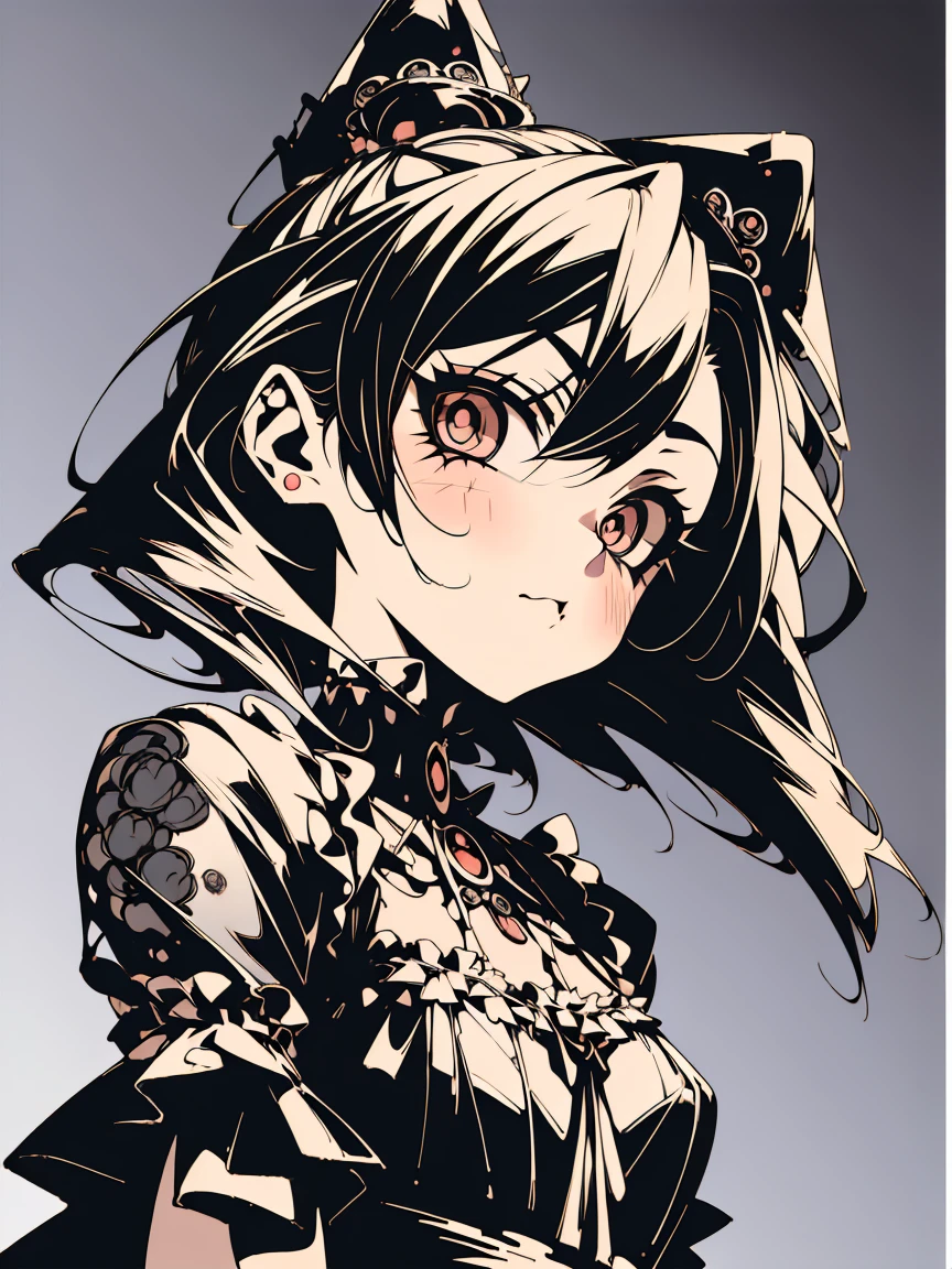 (Best Quality,masterpiece:1.2),(Anime Style,Comical noir style:1.1), 1 girl , Cute Style ,Adorable, very detailed eyes, faces with extra detail, very fine hair ,8k,resolution, GOTHIC DRESS ,Gothic Punk