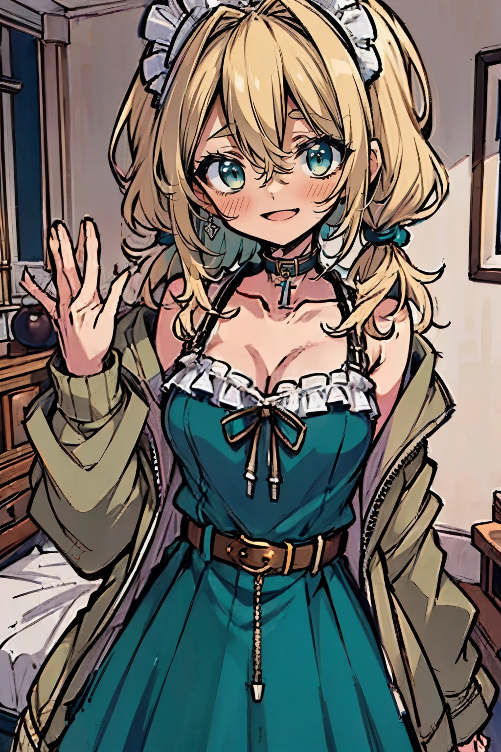 (masterpiece:1.2), (high quality:1.2), rekkyo sensen, rekkyou sensen, girls with(((1girl, solo, aiden d adams, blonde hair, teal eyes, smiling, blush, opened mouth, maid headdress, wavy medium hair, right swept bangs, low twintail:1.3), maid, breasts, choker, cleavage, coat, cowboy shot, white frilled dress, camisole, ribbon waist belt, collar, collarbone, rosary, rosary choker, cross, fur, khaki hoodie, green hoodie, hood down, hooded coat, hooded jacket, hoodie, jacket, large breasts, long hair, long sleeves, medium breasts, open clothes, open coat,open hoodie, sleeveless, winter clothes, zipper, cleavage, upper body, hand up, waving, palm)), background with((bedroom, room:2.0))