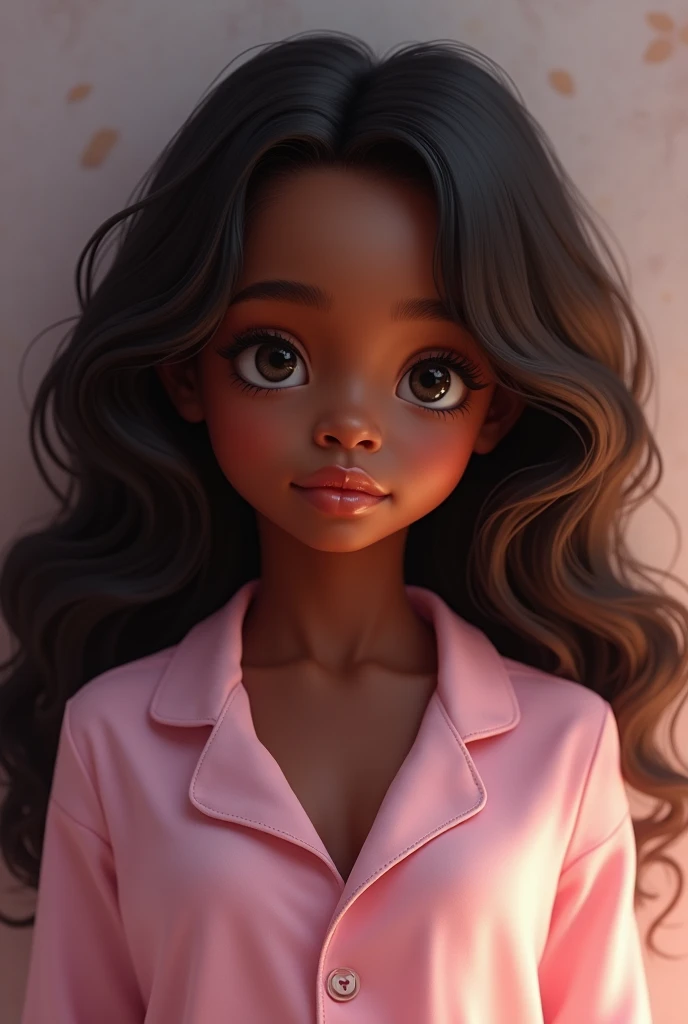 masterpiece, best quality, 3d rending work, 3DMM style, close-up, portrait, 3d, 1girl, solo, looking forward, wearing prescription glasses, sweet expression, happy, holding an amigurumi teddy bear, black skin, medium size type 3C hair, pink pastel colors, realistic, upper body, simple background, looking away, separated lips, curly hair