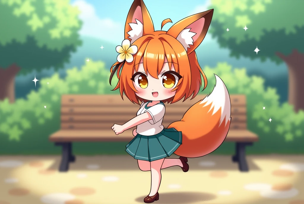 (absurdres,highres),(high quality,best quality),(masterpiece:0.5), 1girl,solo,(cute, petite:0.8),(flat chest:0.7),(skinny:0.5),(pale skin:0.5), BREAK orange eyes,looking at viewer, orange hair,fox ears,animal ears, smile, fox tail, outdoors,forest,,