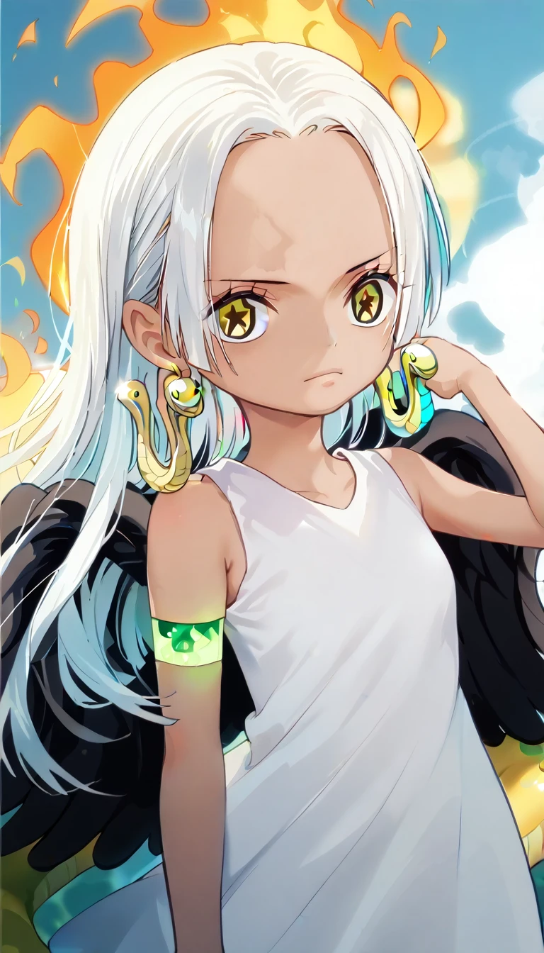 1 Girl,Earthsnake , Long Hair, white hair, Brown Skin、,  earrings for a woman alone, Yellow Eyes, symbol-shaped pupils,   black wings  ,  small breasts.  sundress,  white dress,  sleeveless, armlet、 cute、Flames on the back、