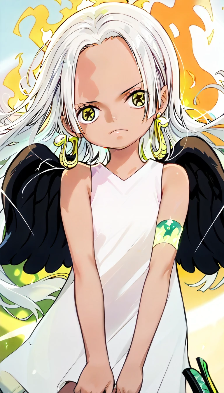 1 Girl,Earthsnake , Long Hair, white hair, Brown Skin、,  earrings for a woman alone, Yellow Eyes, symbol-shaped pupils,   black wings  ,  small breasts.  sundress,  white dress,  sleeveless, armlet、 cute、Flames on the back、