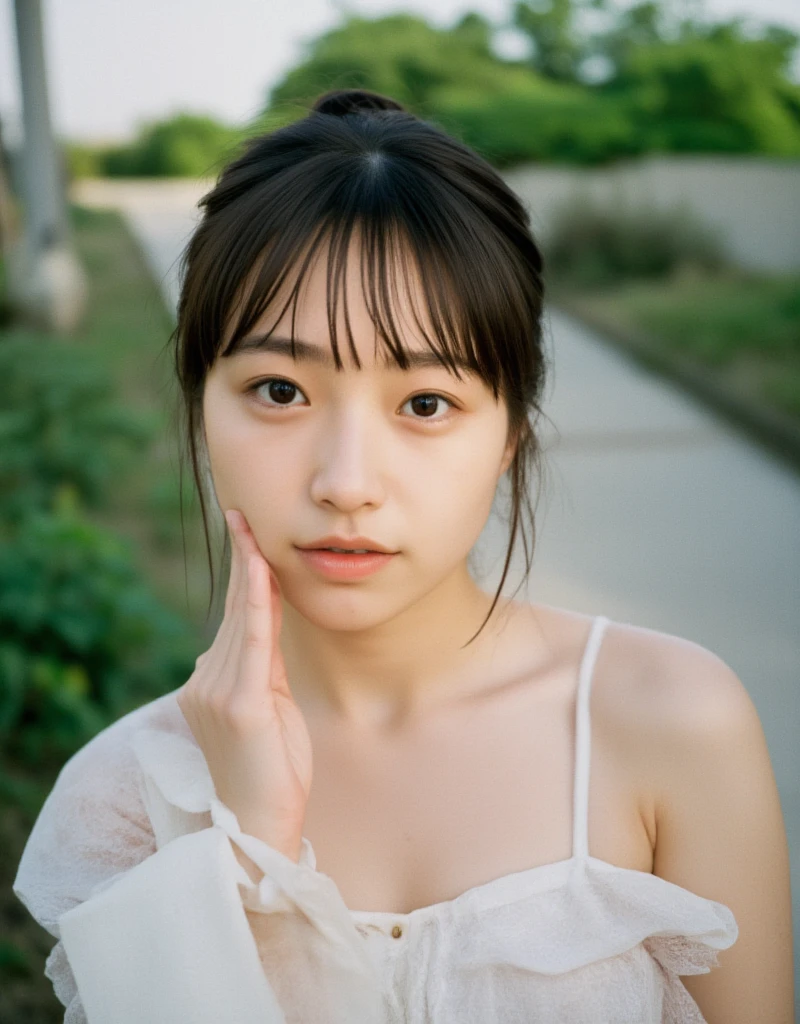 A high resolution photograph of a young Japanese little-girl, photo realistic, masterpiece, intricate details, extremely detailed, sharp focus, volumetric lighting, portrait, solo, 1girl, (naked, detailed nipples, open legs:1.4), bowl cut hair with blunt bangs, outdoors, home, backyard 