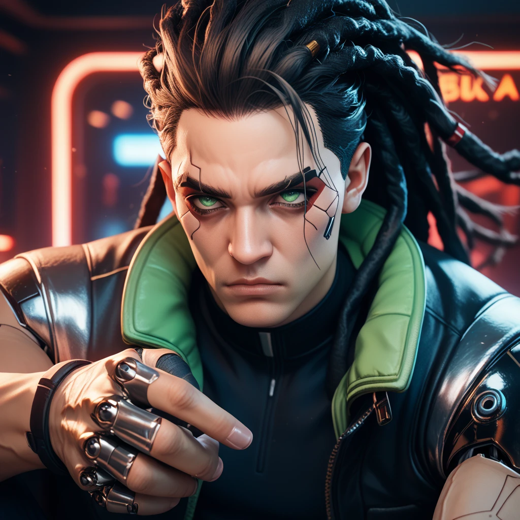 cyborg, 1_bulky_man_cyberpunk_2077, black skin, veins, adult male, rough, dreadlocks, knuckle bandages, looking like a fighter, cyborg eyes, fighting stance, fierce eyes, narrow eyes, furrowed brows, light green eyes