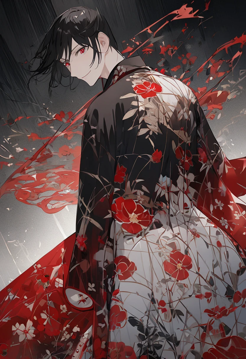 ((red eyes))、 attractive red eyes 、smile、Crimson Eyes、ハンサムなmale性、1 person、neutral、Black Hair、(red eyes)、 camellia pattern kimono 、smile、 slightly longer at the nape、 calm atmosphere 、beautiful、 is standing、Ephemeral、 angle from the front 、  Hi-Res, Super detailed、male、Rakugo artist 