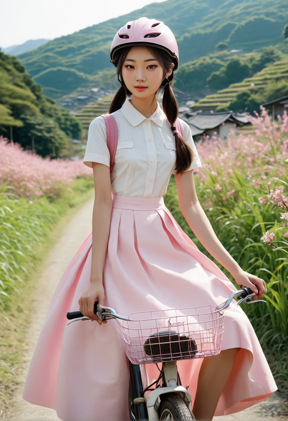  Japanese high school girl in the countryside 、 poor but filial piety 、全身 beautifully contoured eyes 、 beautifully contoured lips 、 beautifully contoured eyes {x} eyes and face are drawn in very detail、 long eyelashes 、Full body skirt image 、BikeﾊﾚｰRide from the countryside to the city 、pink helmet, warm sunshine、Natural color tones、 full body landscape 、Best Quality、4K、8k、