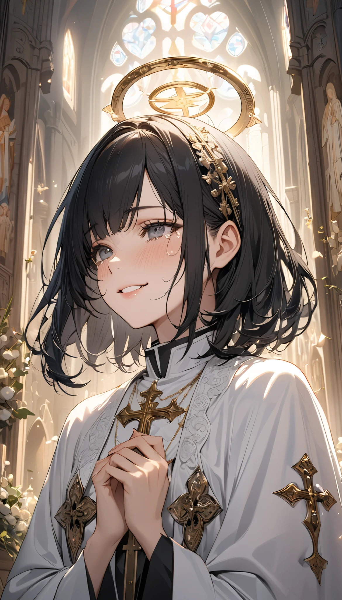 (((Best quality, 8k, Masterpiece: 1.3)), ((best quality)), ((masterpiece)), (detailed), perfect face, perfect body, (detailed skin:1.3), (intricate details), Saints, crying and smile, priest's clothes, Black hair, beautiful woman, Chapel, sacred, serene, reverent, medium hair, Halo, divine, solo, Alone, lonely