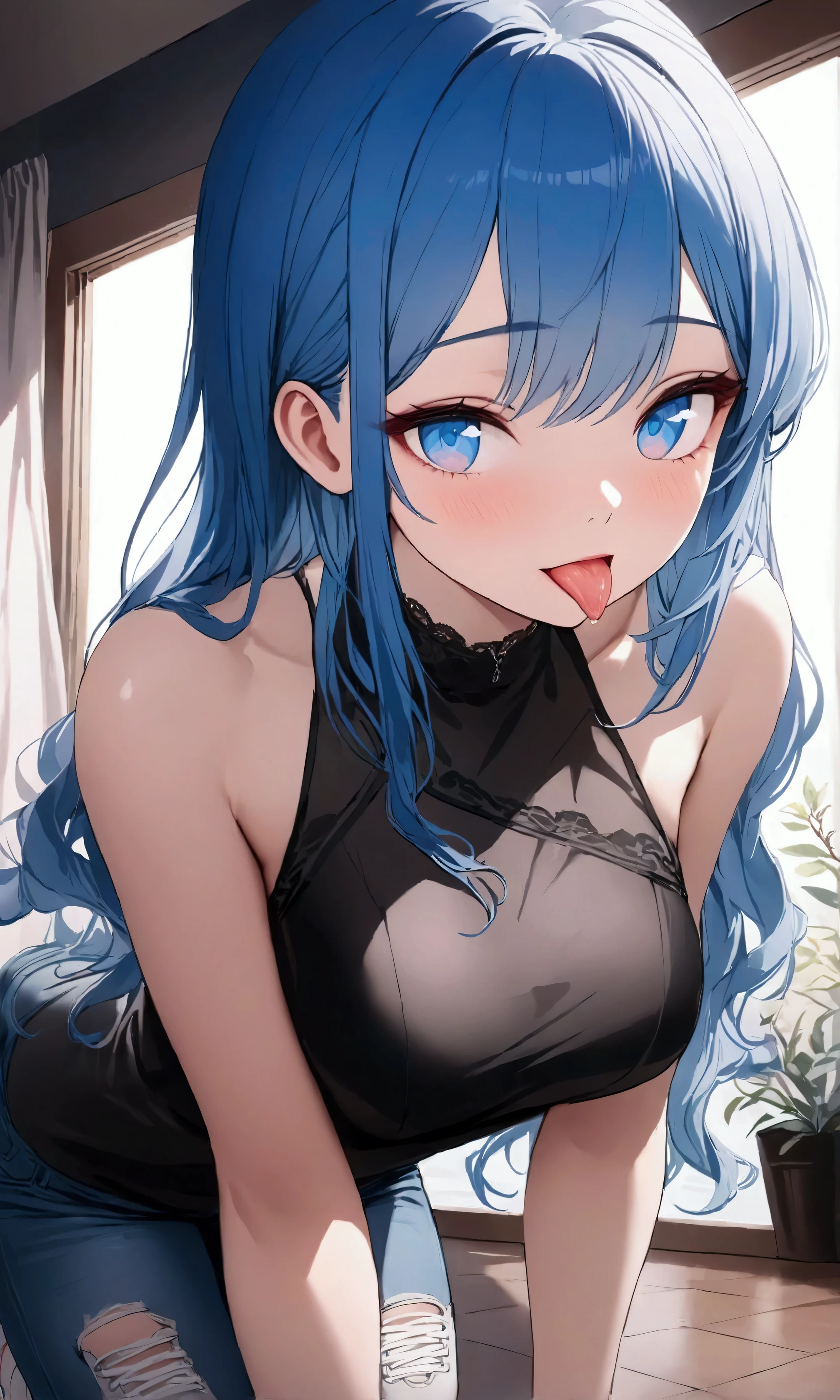 1girlballgag,scared expression open mouth ,blue hair, yellow eyes, twintails