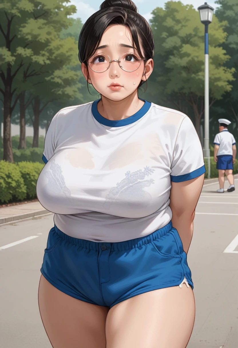 (1girl:1.3), Masterpiece, Best quality, amazing beauty, 4K, absurdres, finely detail, super detailed eye, perfect anatomy, official art, cinematic lighting, BREAK, Park, hair bun, (black hair:1.5), super shiny detailed black eye, (((tareme))), ((plump lips)), red round cell frame glasses, (((Plump face))), (((round face))), shy face, Face of a mature Japan woman, 40 years old, Mature Japan Woman:1.2, BREAK , big breasts:1.2, chubby, mature Japan woman, mature woman, motherhood,, arms behind back, BREAK , (((Old fashioned bloomers and gym clothes)):1.2), (White shortshirt:1.2), (((((Navy Blue Micro Short  Sport Shorts))):1.2), BREAK,()