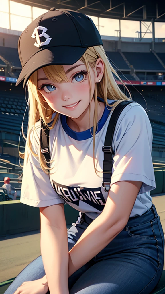 「 sitting in the audience seat at the baseball stadium 、 the young woman wearing the cap is smiling 。 she is wearing a black cap and t-shirt 、 and the night stadium and bright lights spread out in the background。 soft lighting hits her face 、Her skin shines brightly 、eyes are shining brightly。 The background is characterized by a happy smile and a friendly atmosphere 、 the overall cuteness has increased 。」