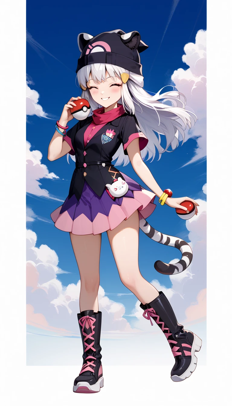 ((masterpiece)), 1girl, solo, long hair, white tiger ears, white tiger tail, closed eyes, ((Dawn's outfit)), purple outfit, black outfit, multicolored outfit, bracelet, high black boots, blush, short skirt, thick hair, looking at viewer, teasing smile, Dawn's hat, holding pokeball, dark hat, white hair, ((two-tone hair)), full body.