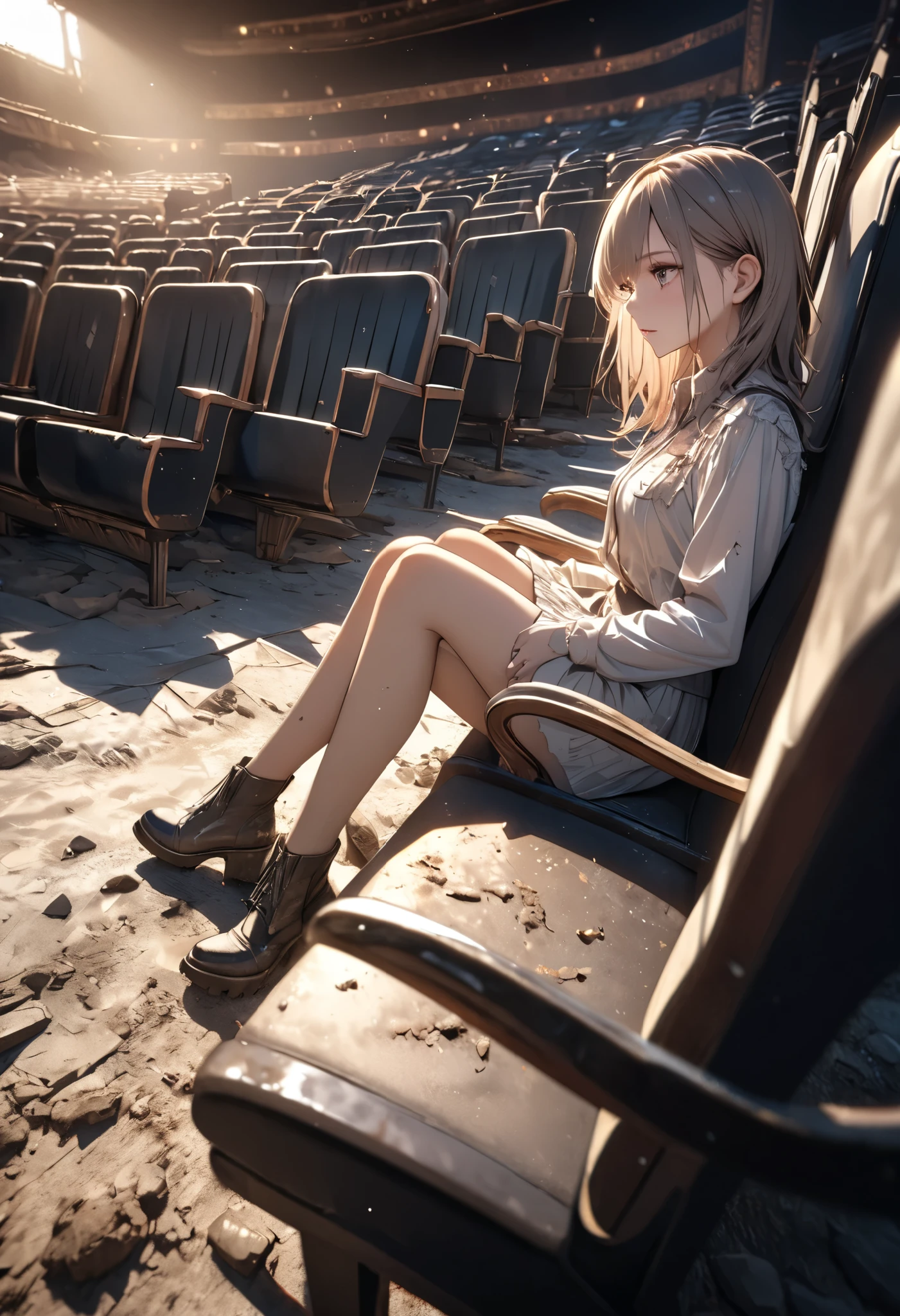 masterpiece, best quality, 8k, highres, ultra-detailed, HDR, UHD,desolate theater,dirty,dust, 1girl,sitting seat,close up,ground shot