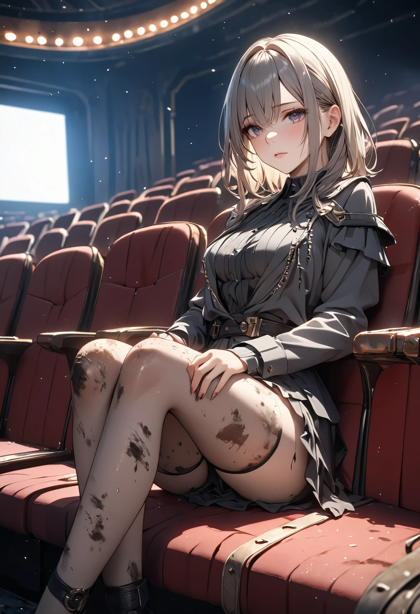 masterpiece, best quality, 8k, highres, ultra-detailed, HDR, UHD, 1girl,sitting dirty seat,desolate theater