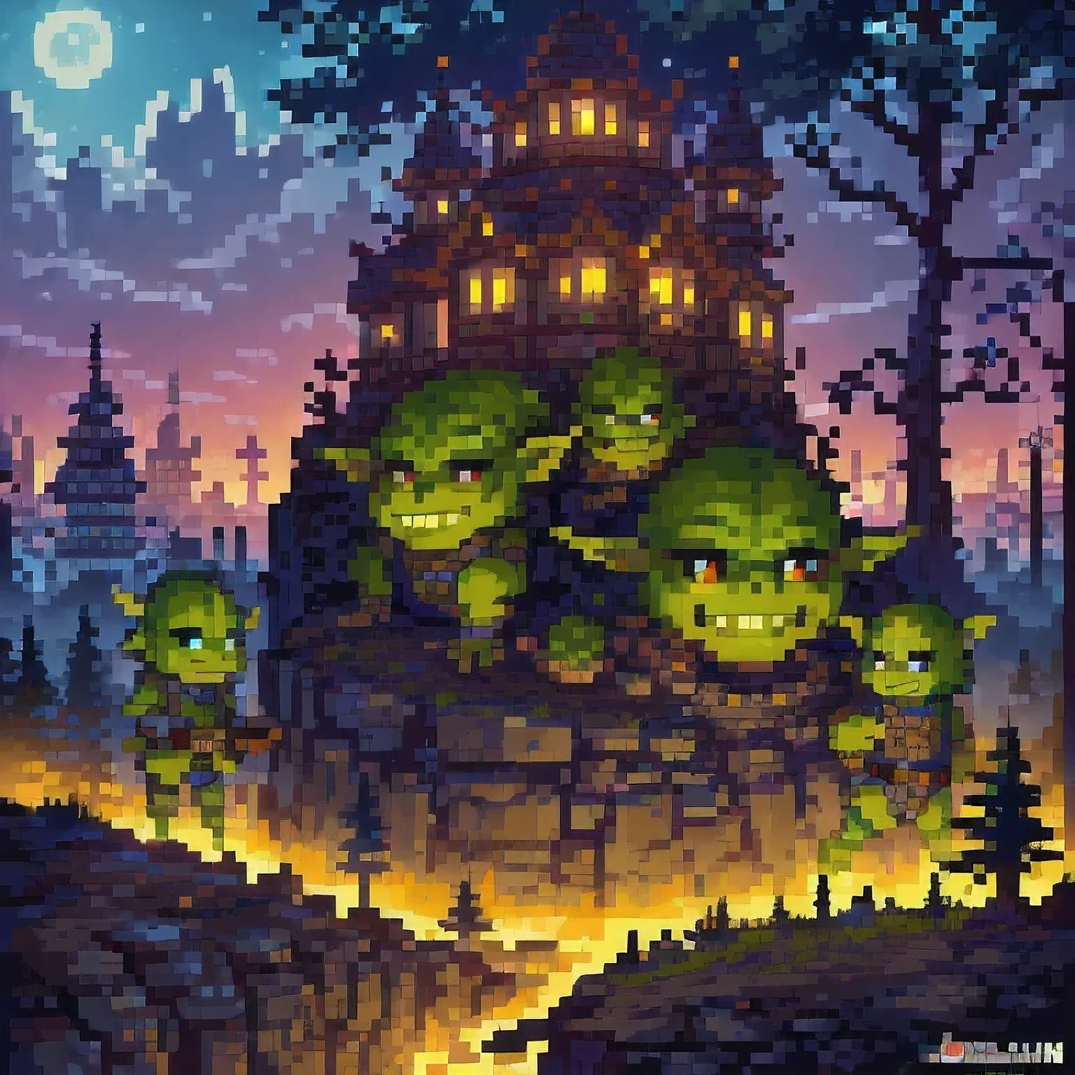 (( Goblins City : 1.5)), (masterpiece), ( is the best quality: 1.0), ( Ultra High Resolution : 1.0), Detailed illustrations,  Detailed Scenery ,  vibrant  colors goblins walking through the city, 8K, night, Moon Clouds , ((magic,  beautiful , Trees: 1.4 )), (( is the best quality,  vibrant ,  32k Clear Lighting Effects )).