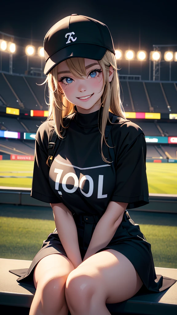 「 sitting in the audience seat at the baseball stadium 、 the young woman wearing the cap is smiling 。 she is wearing a black cap and t-shirt 、 and the night stadium and bright lights spread out in the background。 soft lighting hits her face 、Her skin shines brightly 、eyes are shining brightly。 The background is characterized by a happy smile and a friendly atmosphere 、 the overall cuteness has increased 。」