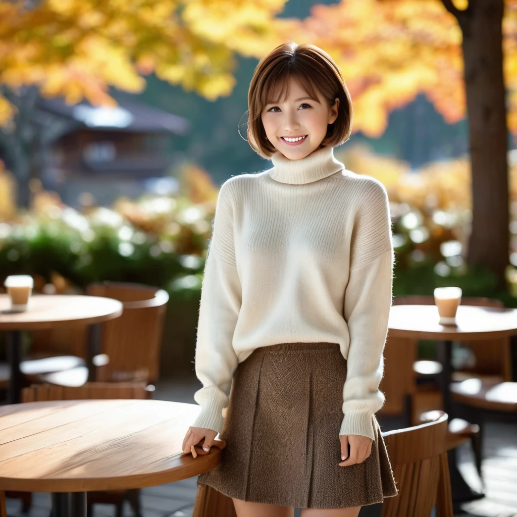 (8k, RAW photo, photorealistic, HQ, masterpiece), a cute Japanese woman, (glowing eyes), 
(shy Smile), brown hair, very short bob, (Autumn Stylish clothes), (turtleneck wool sweater:1.4), (skirt:1.4), large breasts, (Autumn cafe terrace in the forest), 
blurred background, depth of field, natural lighting, backlighting, face lightning, 