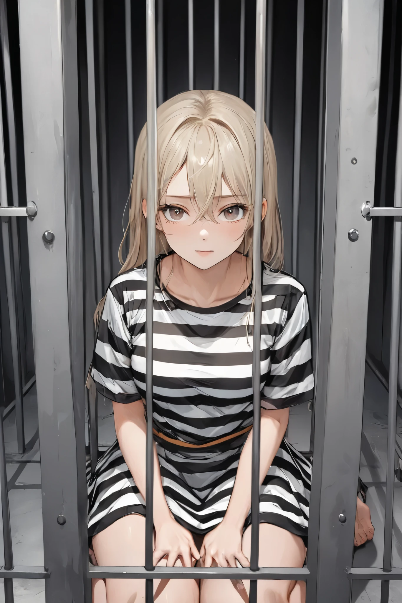 Woman sitting on the floor of a prison cell,perpetrator、confinement、srestrained、 Bind、Tied arms behind、doggystyle in a prison, in a prison cell, stood in a cell, doggystyle in a dark prison cell, in the Prison, in prison, in a small prison cell, the woman is Behind bars, promo still, prisoner, prison cell, prison, Behind bars, with prison clothing, olivia pope, tv show still,torn clothes、A maid uniform torn to pieces,Behind bars, promo still, prisoner, prison cell, prison, Behind bars,A bra with wet and see-through、teats see through、