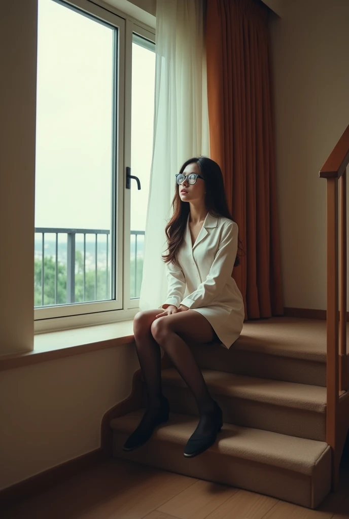 (8k,Movie,16mm wide-angle lens,Aperture 8,Multi-angle shooting,Rich in details )Chinese,Asian,secretary,wear glasses,Cool colors,miniskirt,High heel,exposed,sexy socks,Expose,Expose内衣,A large hotel room,Sit on the stairs,Terrace,Flirty,Romantic,Sexy woman,Looking out the window,Troubled woman,30 years old