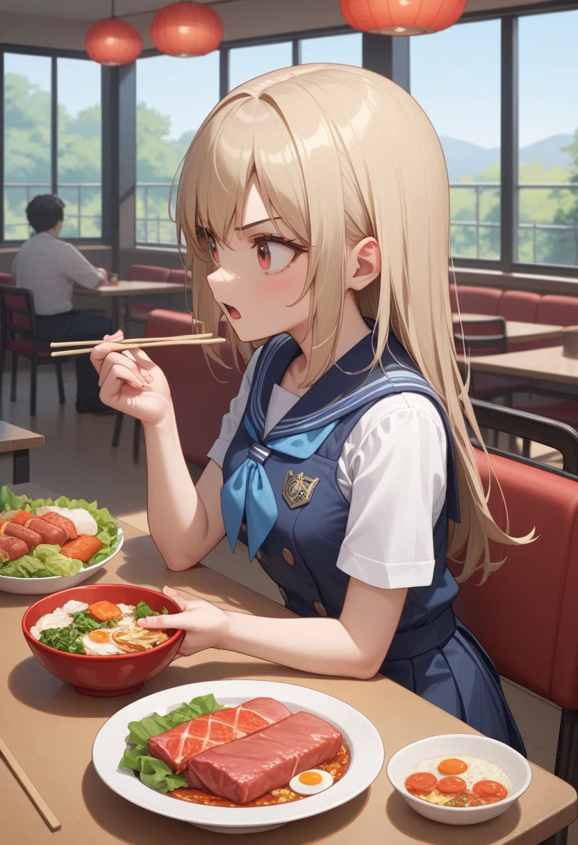  1 girl,  Medium Chest , school uniform,
I&#39;m sure,Food, Alone, bowl, Holding chopsticks, rice, table, meat, dish, indoor,  sitting,  Restaurant, vegetable,  eats, salad,
from side,  upper body,  watching viewers ,  determined ,  open your mouth ,
masterpiece, Best Quality,  very beautiful ,  absurd