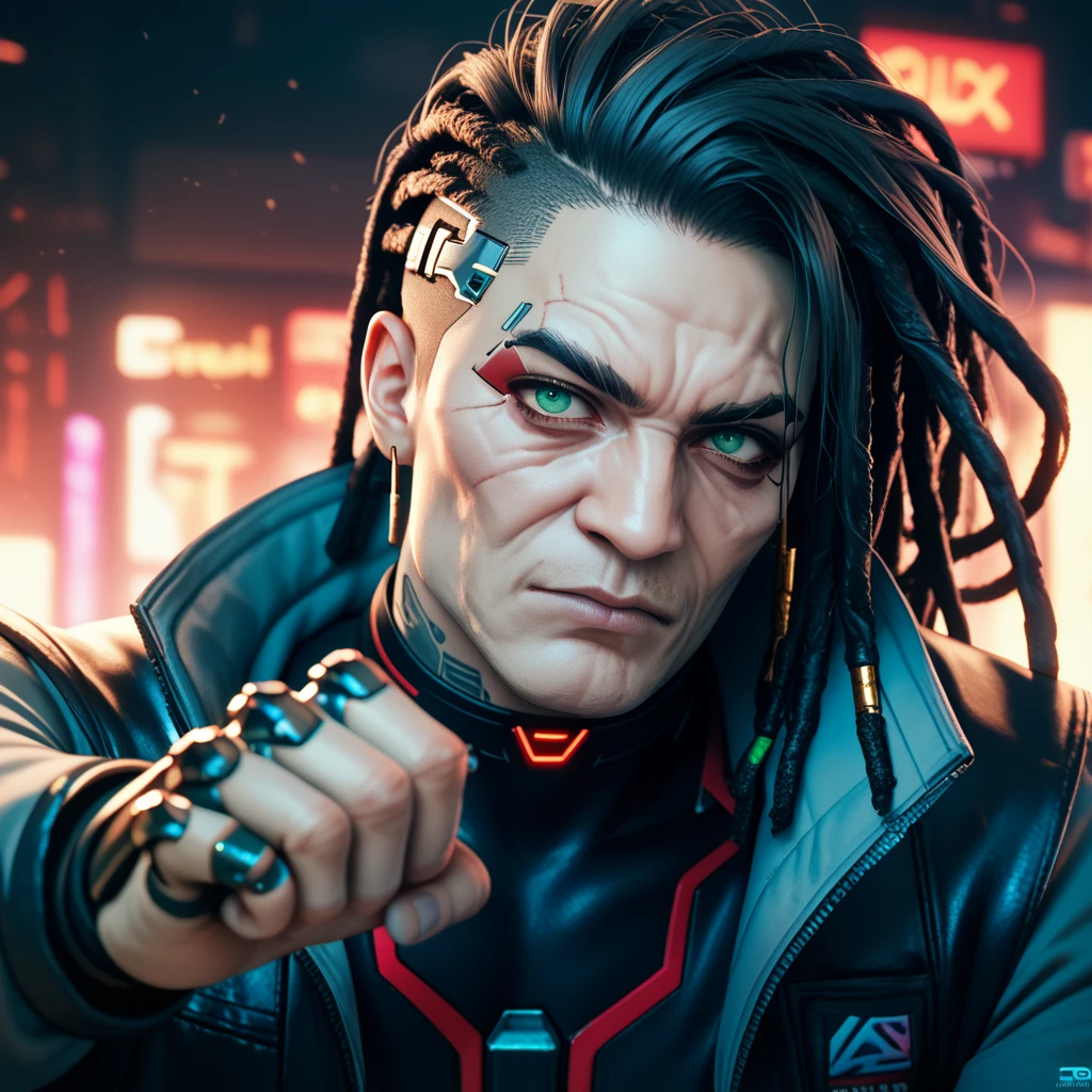 cyborg, 1_bulky_man_cyberpunk_2077, black skin, veins, wrinkles, adult male, rough, dreadlocks, knuckle bandages, looking like a fighter, cyborg eyes, fighting stance, fierce eyes, narrow eyes, furrowed brows, light green eyes