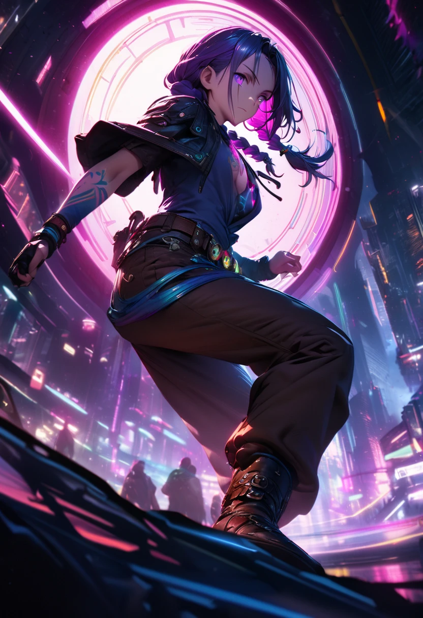 Jinx character design, Dynamic movements,dynamic pose, action scene, cinematic lighting, vibrant colors, digital art, 8k, photorealistic engine, highly detailed and unrealistic, studio lighting, Beautiful figure, Arcane's Jinx, Bright blue and purple sparks around, bright eyes, Bright pink eyes, long hair, combed, braided into long braids, braids hanging below the knee, hair color changes from bright blue to navy blue, dressed in brown pants, leather boots on the feet, top with four golden circles on the chest, in the middle of the chest, Blue cloud tattoos on the shoulders and waist, Long bangs, hanging on the right side, Belt with cartridges on the belt, Arcane Style, extremely detailed CG unit 8k wallpaper, detailed light, Cinematic lighting, chromatic aberration, bright, featureless, epic composition, futuristic, neon city, futuristic cyberpunk setting, Cherecter Desing, very detailed, detailed body, vibrant, detailed face, sharp focus, anime art, vibrant, detailed face, detailed Hugh, sharp focus, very droopy face, one detailed eye, super fine illustration, best shadow, fine details, beautiful detailed glow, beautiful detailed, extremely detailed, expressionless, epic composition,