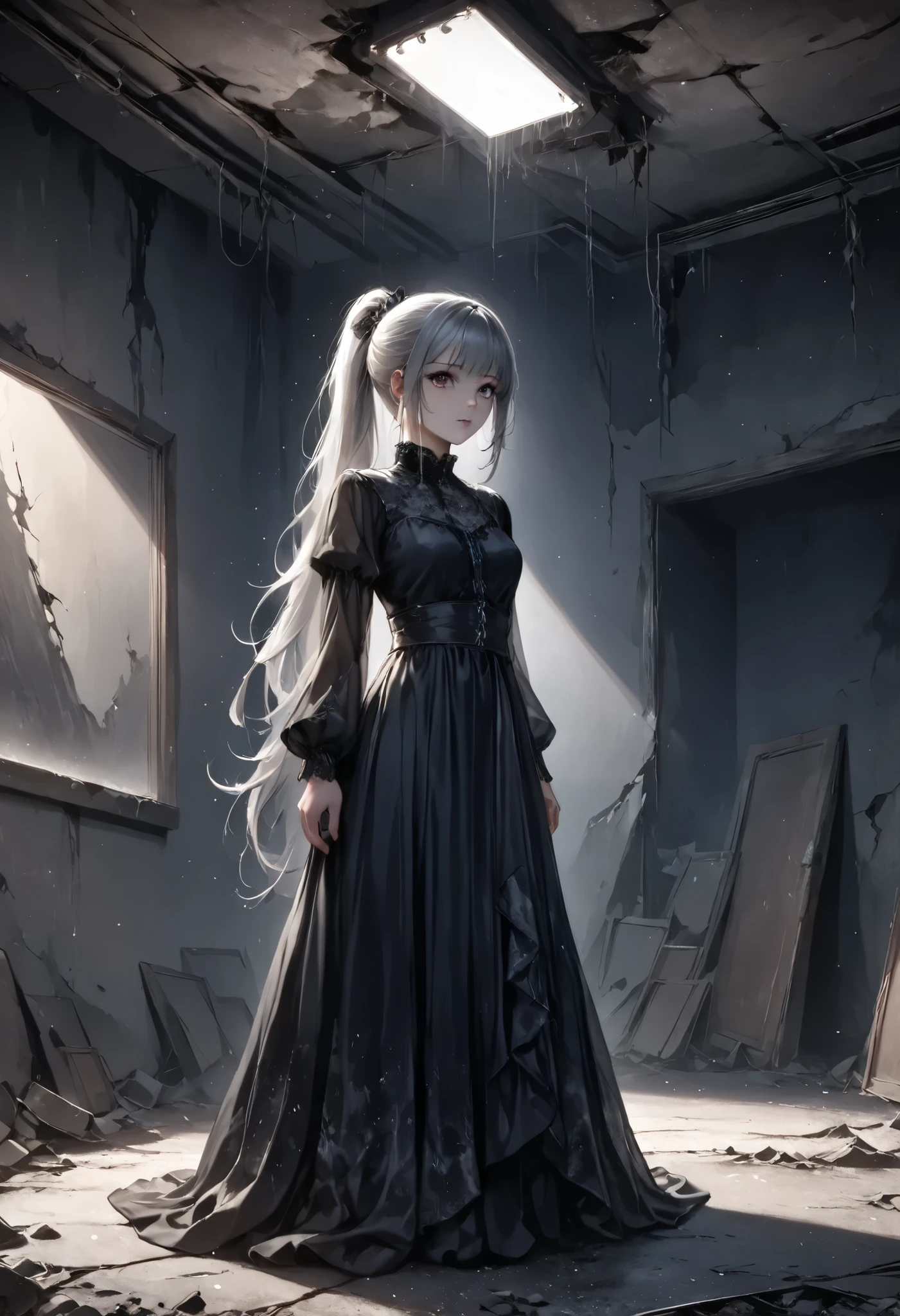 masterpiece, best quality, 8k, highres, ultra-detailed, HDR, UHD, ultra-fine painting,translucent girl,fullbody,silver hair,side pony tail hair,girl close up,dark gothic, glowing dark eyes, black dress flowing,faint mist surrounding her, ominous and unsettling, desolate theater, cracked walls and floor, broken seat, debris scattered on the ground, dim lighting, eerie atmosphere,  soft light casting shadows, dark and mysterious mood, horror theme, supernatural presence