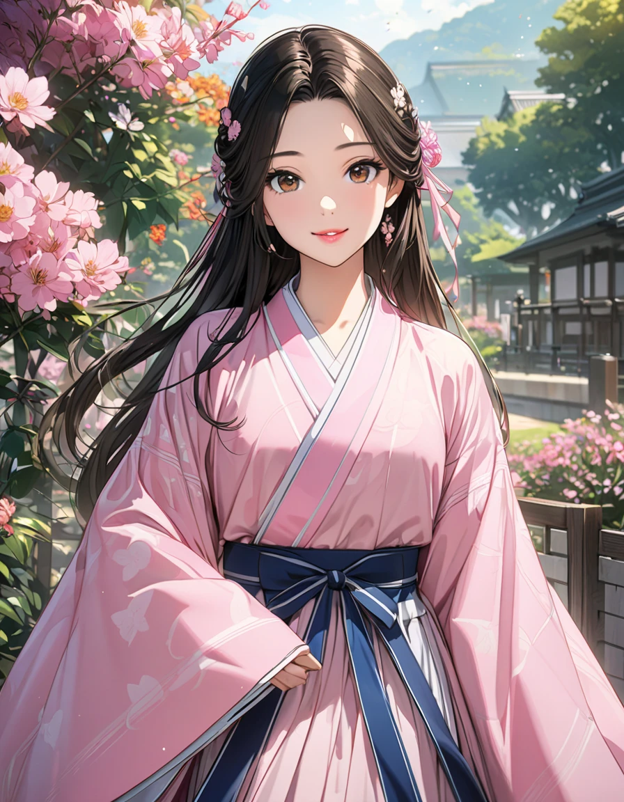 (masterpiece, Best Quality, 8k,  Hi-Res), Beautiful single woman, Anatomically accurate and beautiful body ,  beautiful face,  beautiful brown eyed middle school students ,  pink lips,  race, ribbon, Hanfu,  shiny hair, Black Hair, Long Hair,  garden, flower, ひらひらと舞うflowerびら,  look at me and smile, Detailed anime style illustration art, automatic,